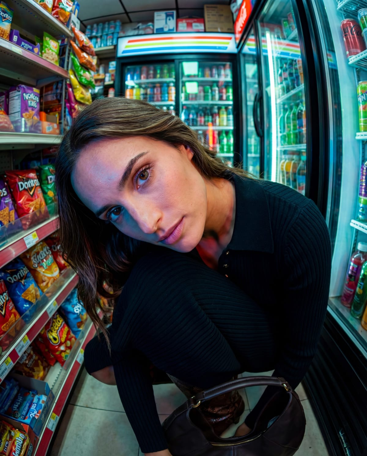 A model in a black ribbed knit crouching in a bodega aisle of snacks, shot through a fisheye