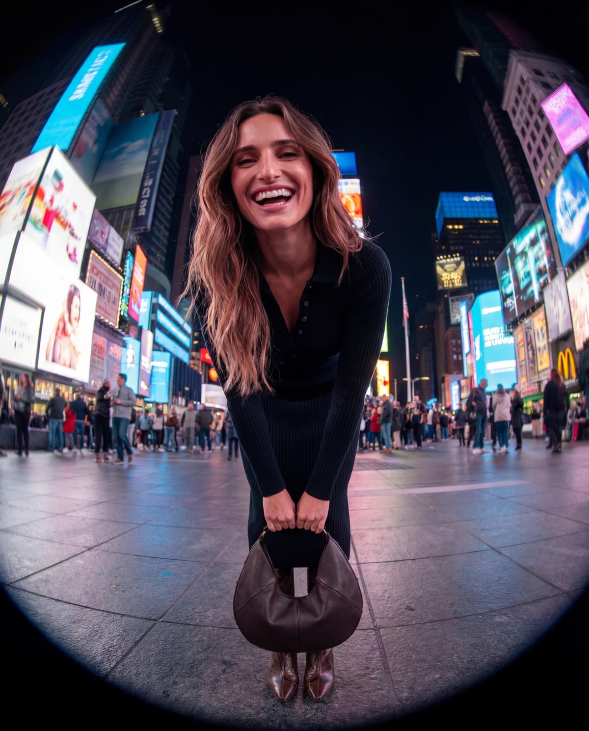 A model in a black knit dress holding a brown hobo bag in Times Square at night