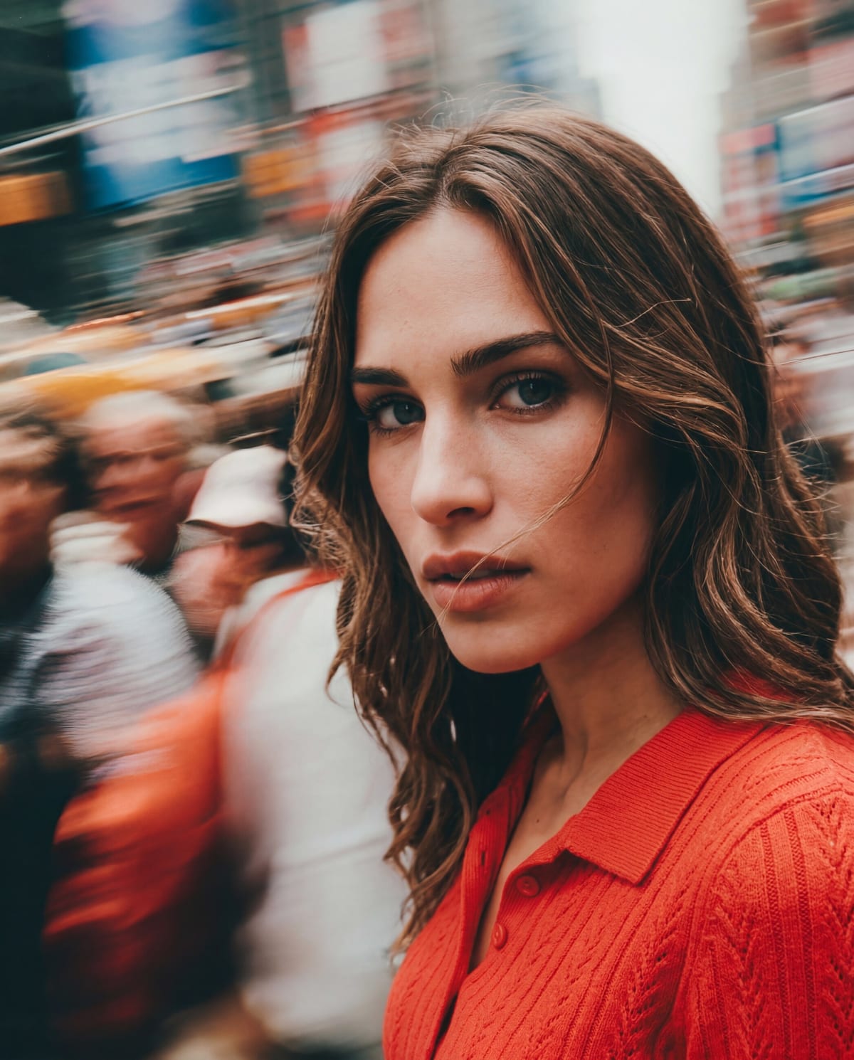 A model in an orange ribbed polo knit in a blurred rush of pedestrians in Midtown