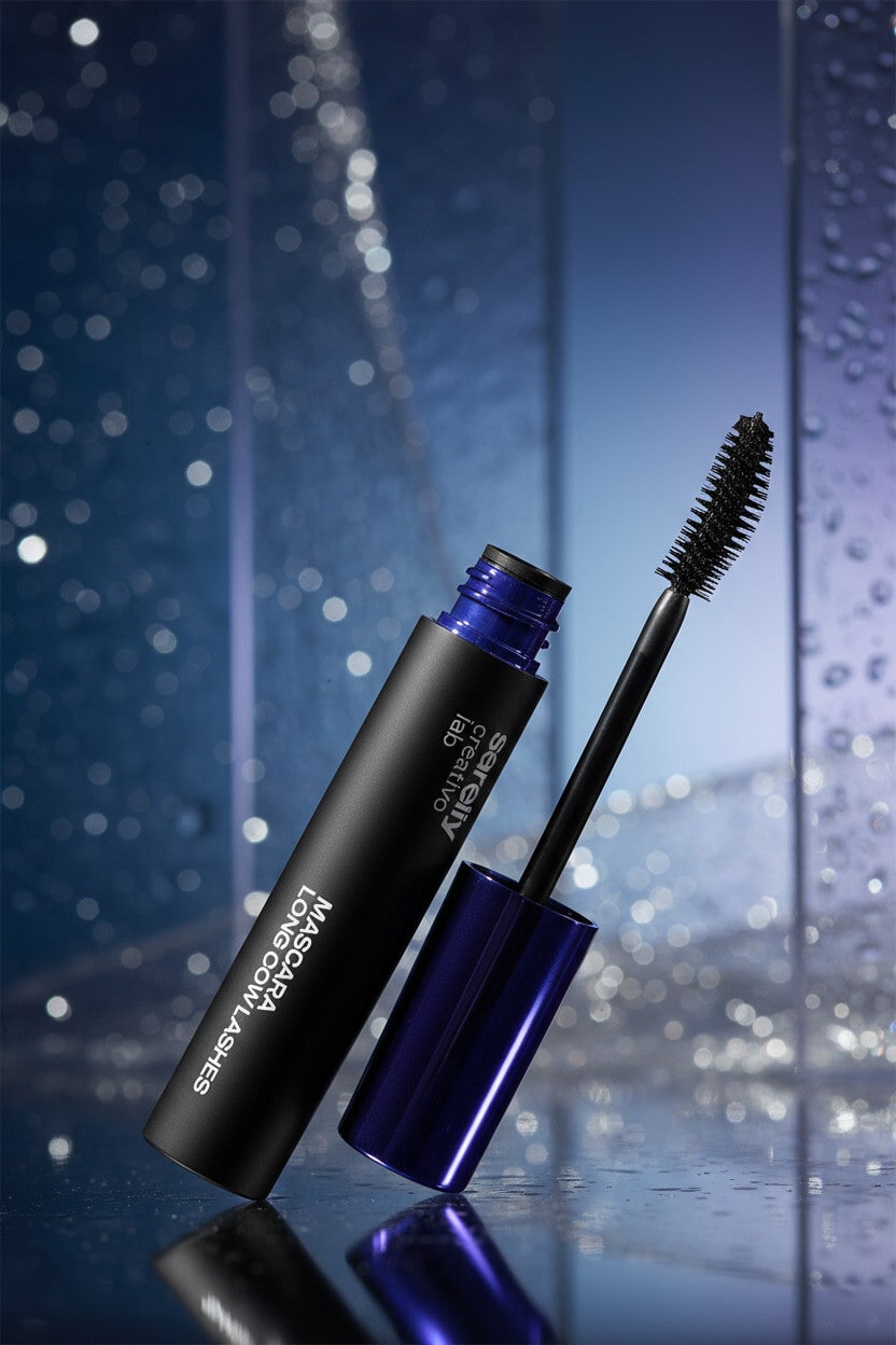 Sarelly mascara tilted against wet glass with water drops in blue light