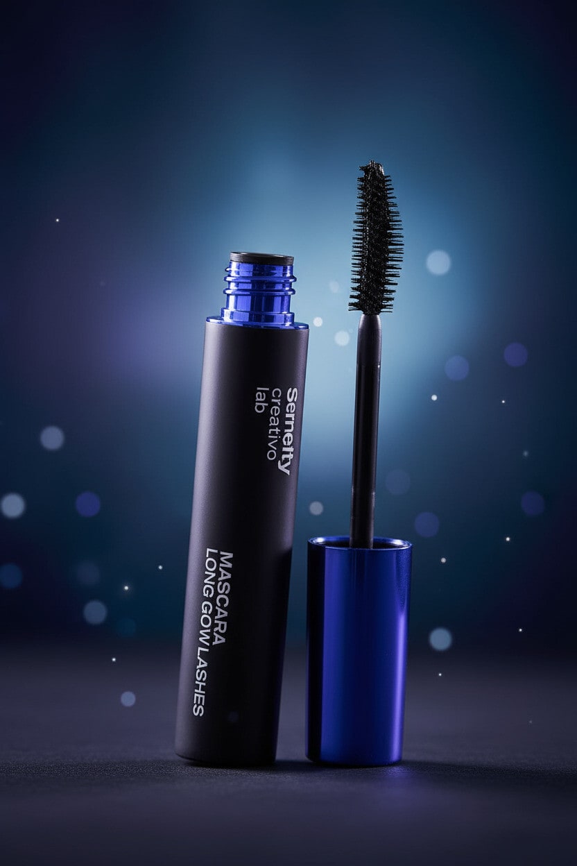Upright Sarelly mascara and wand on a dark teal set with soft bokeh