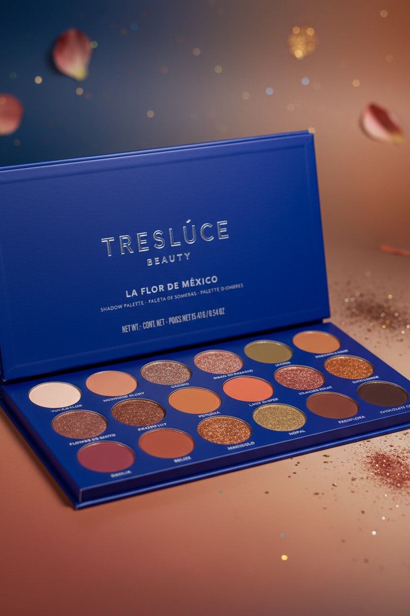 Open Treslúce palette on a warm brown set with falling petals and glitter
