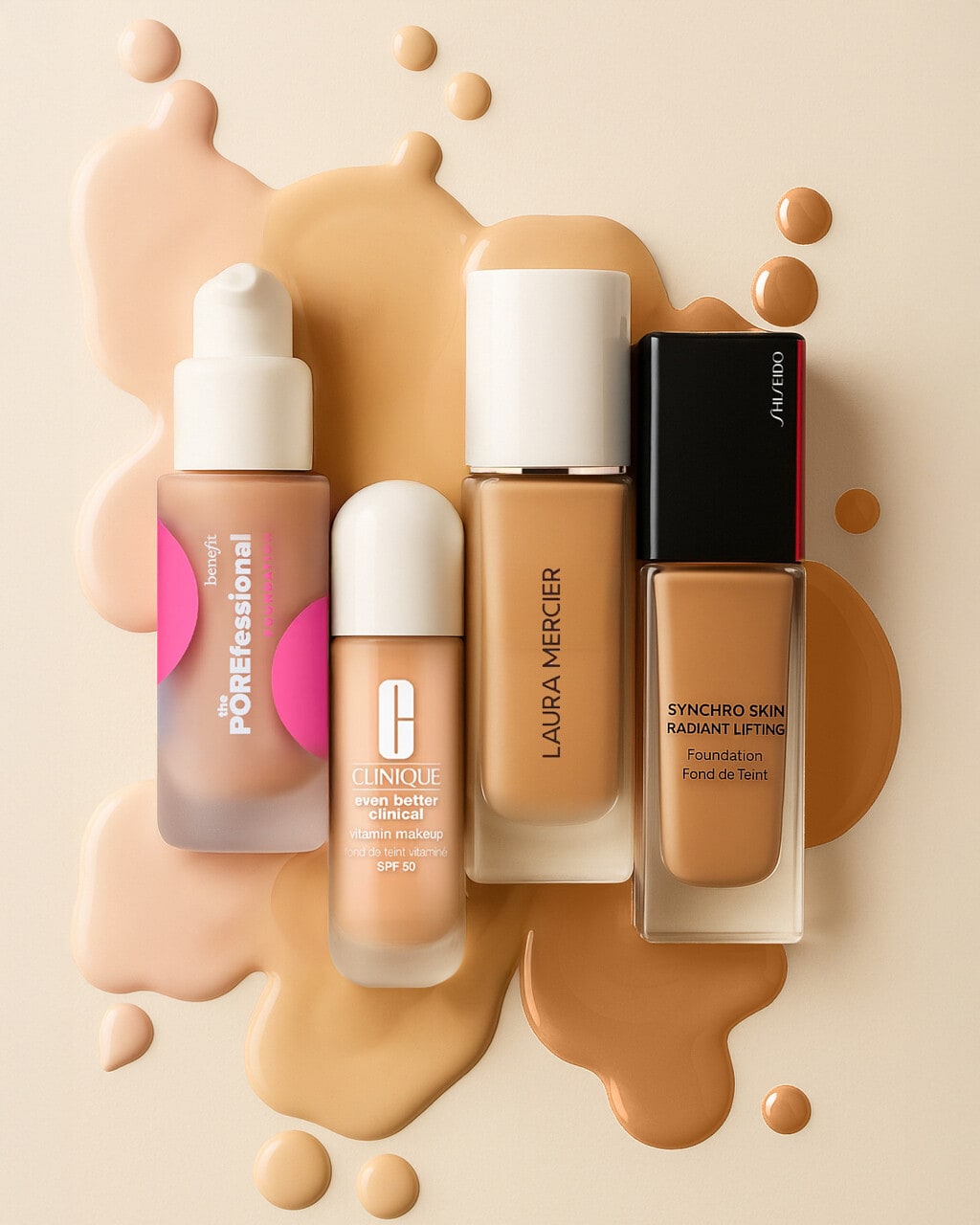 Clinique, Laura Mercier and Shiseido foundations standing in pools of their own shades