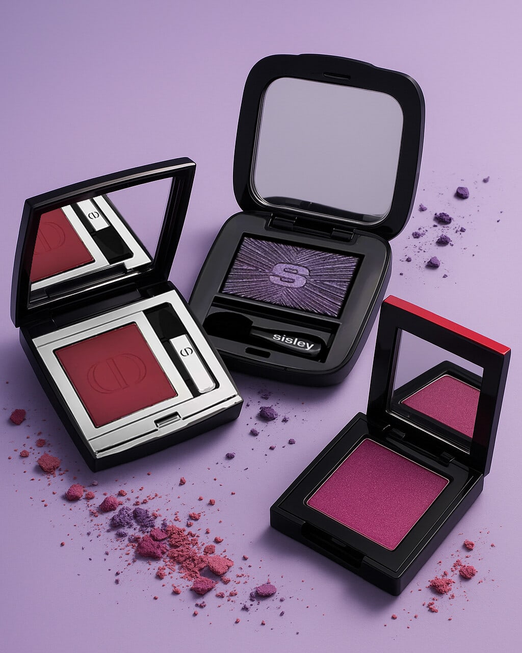 Sisley eyeshadow and red blush compacts open on lilac with crushed pigment scattered around