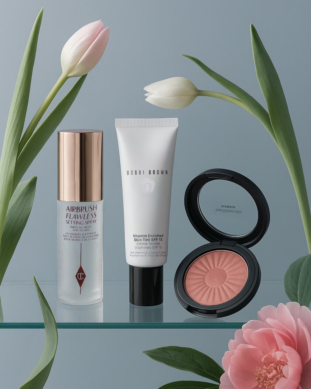 Charlotte Tilbury setting spray, Bobbi Brown primer and a peach blush on glass with tulips