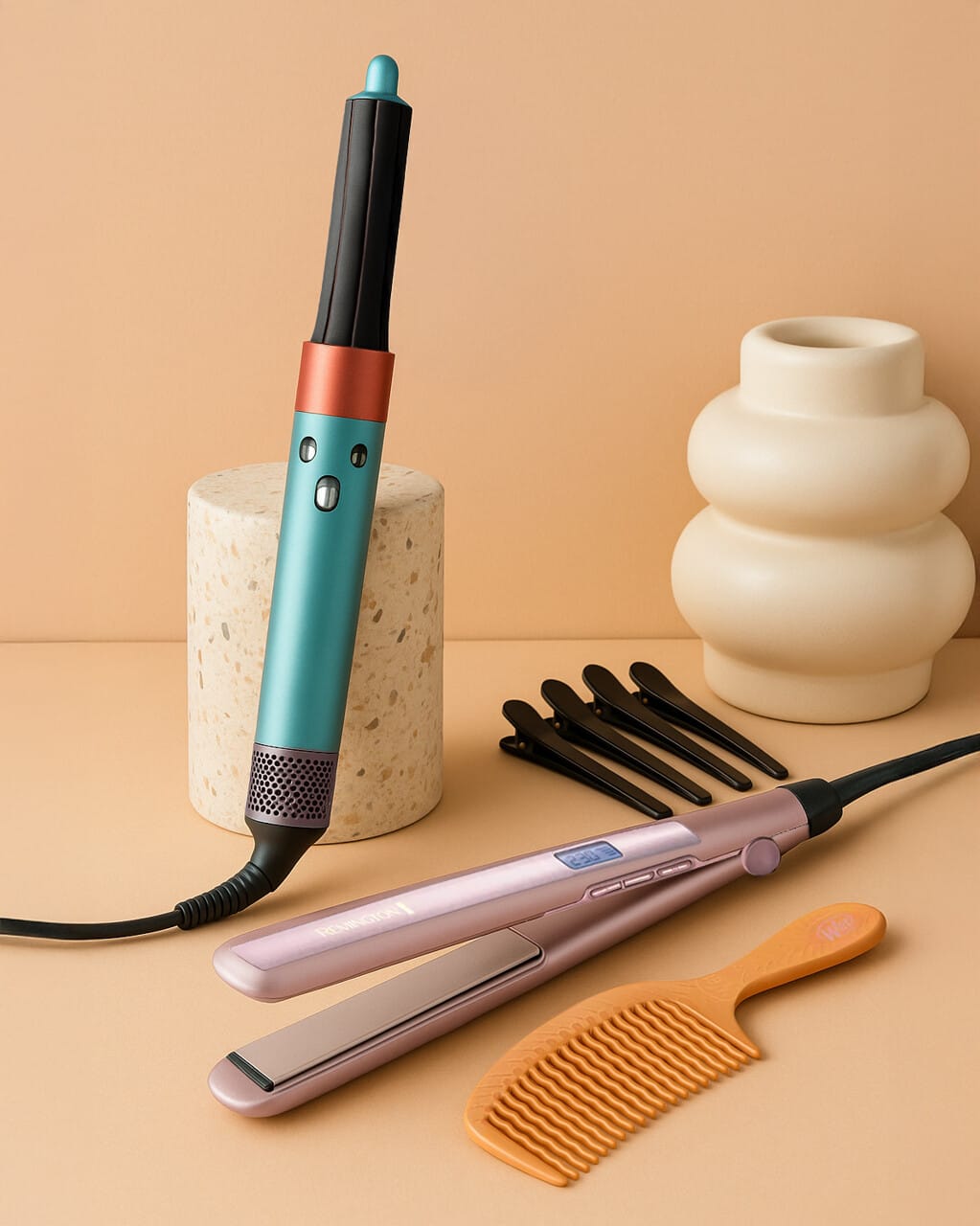Teal hair styler, pink straightener and orange comb on a peach set with a stone vase