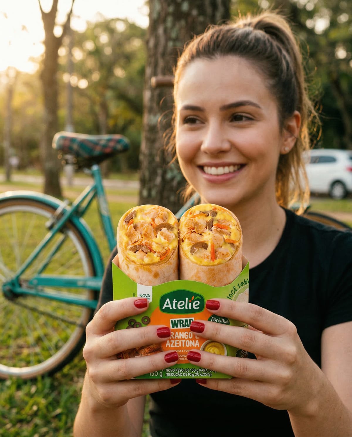 Woman holding an Ateliê chicken and olive wrap pack beside a teal bicycle in a park