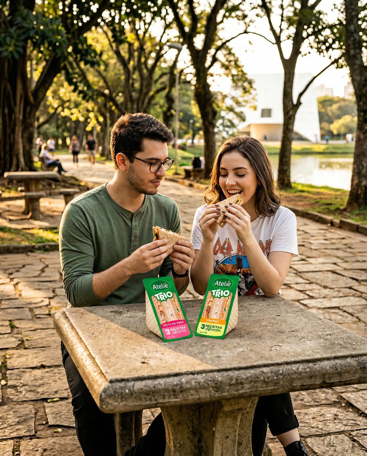 Two friends at a stone table in a park sharing Ateliê sandwich packs