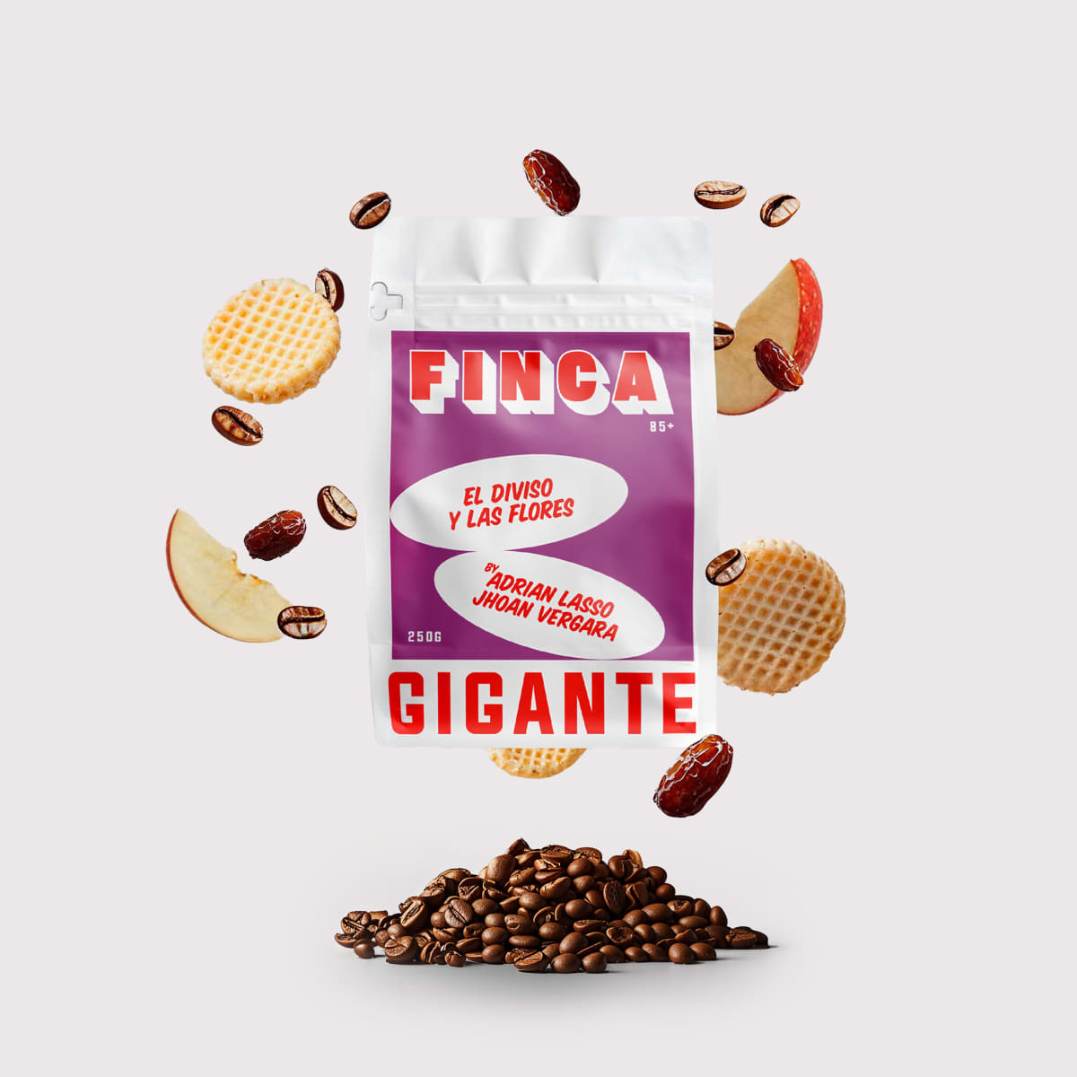 Lilac Gigante Finca coffee bag floating over beans with apple slices and waffle crisps