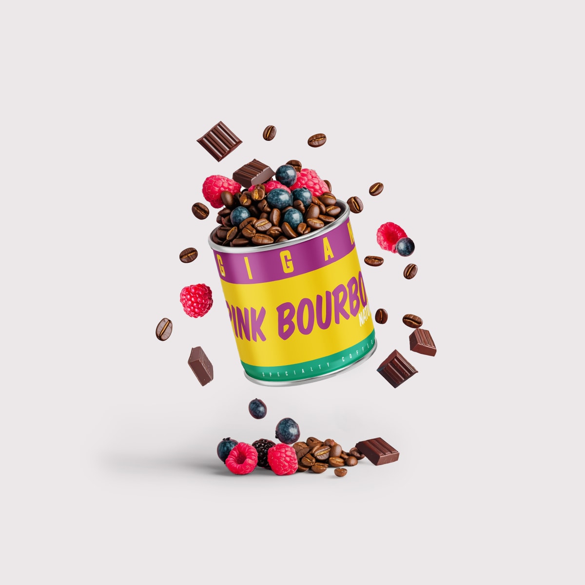 Gigante Pink Bourbon coffee tin with beans, raspberries and blueberries spilling out