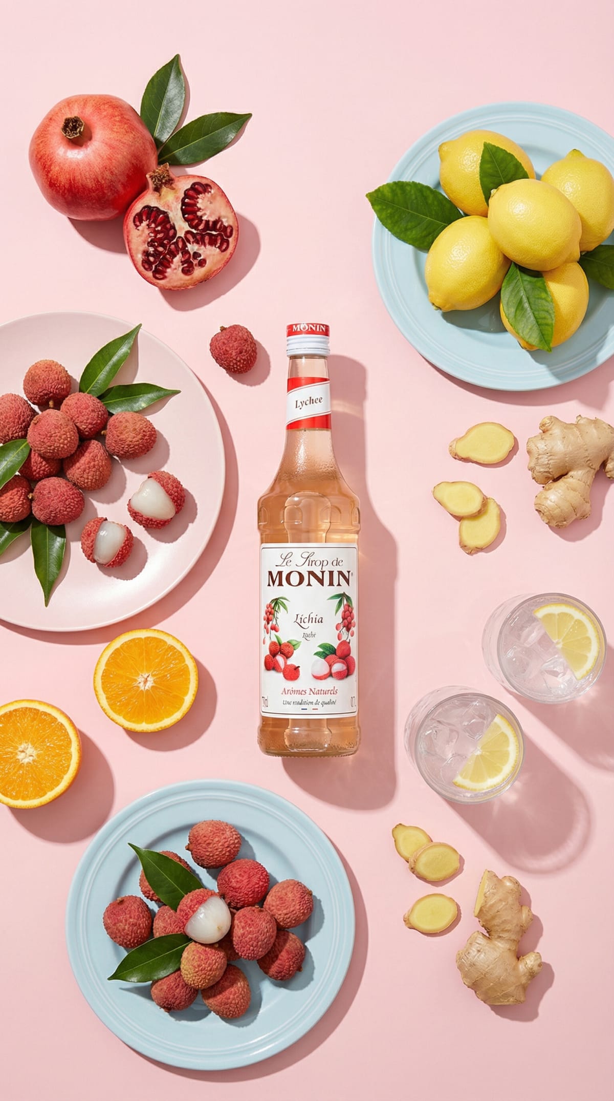 Monin lychee syrup bottle with plates of lychees, lemons, pomegranate and ginger on pink