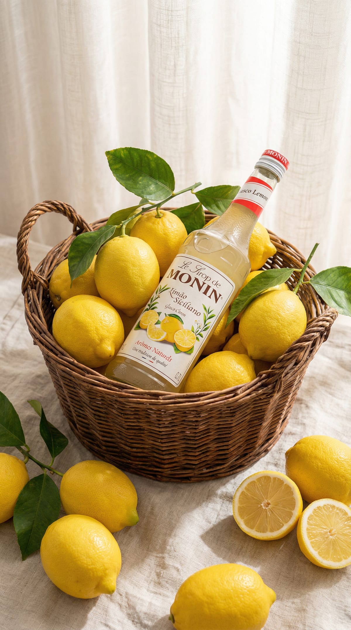 Wicker basket of lemons with a Monin lemon syrup bottle, cut lemons on cream linen