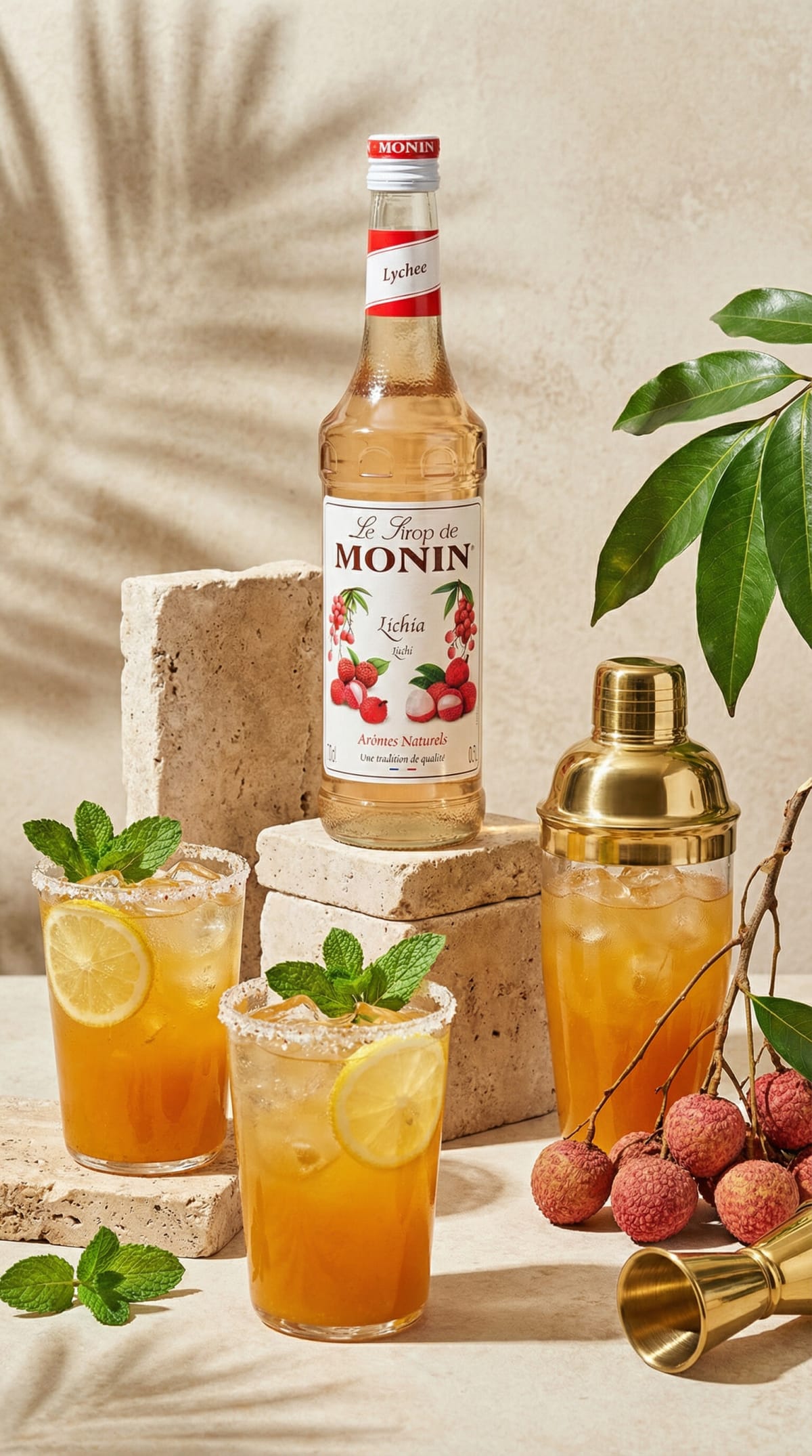 Monin lychee syrup bottle on a stone block with iced drinks, a shaker and lychees