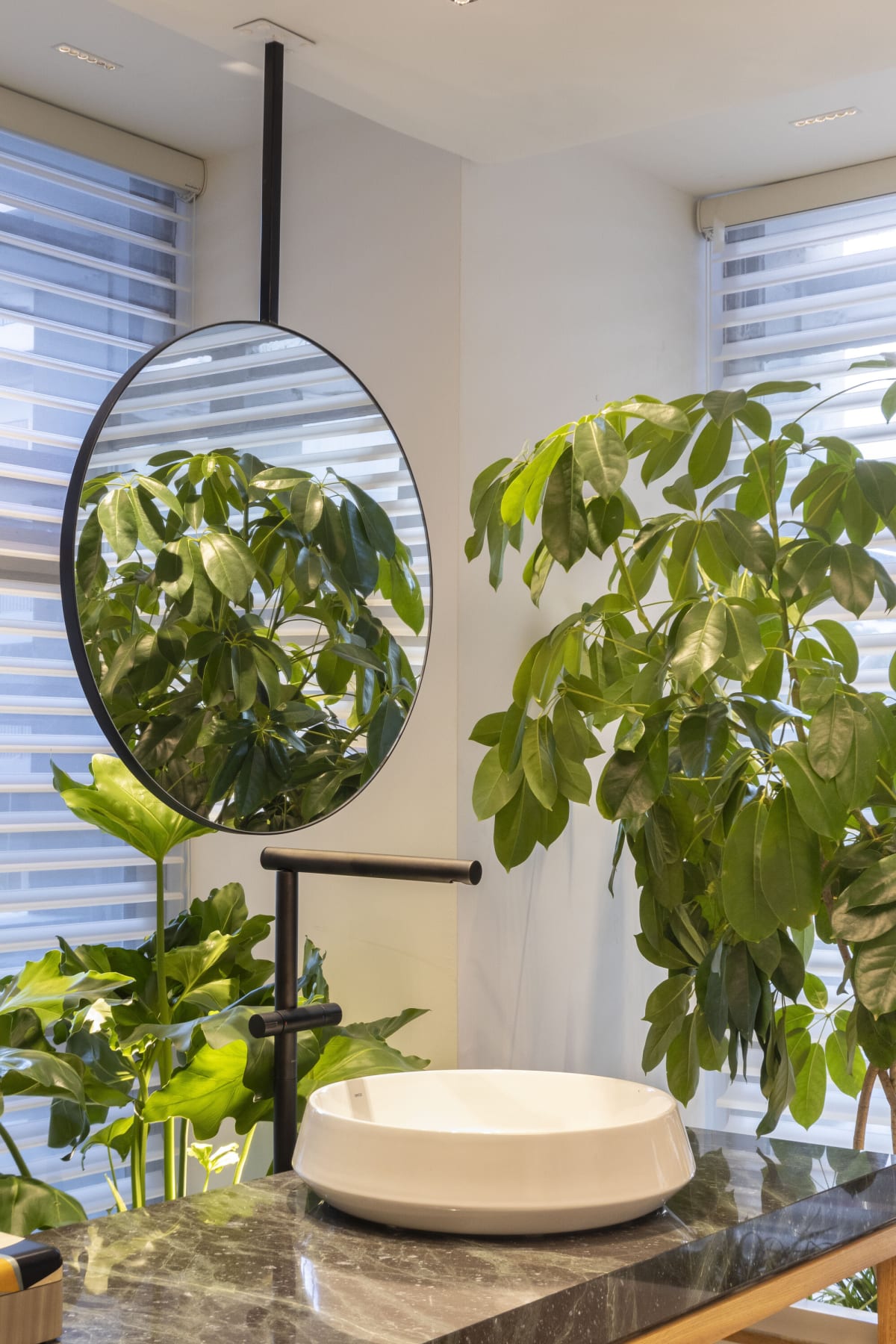Round black framed mirror and white vessel basin in front of leafy plants