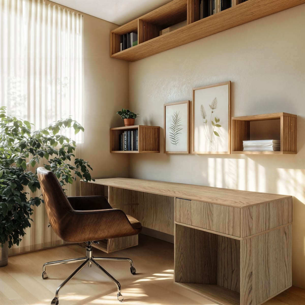 An oak desk with wall cubes and shelves and a brown leather office chair in sunlight