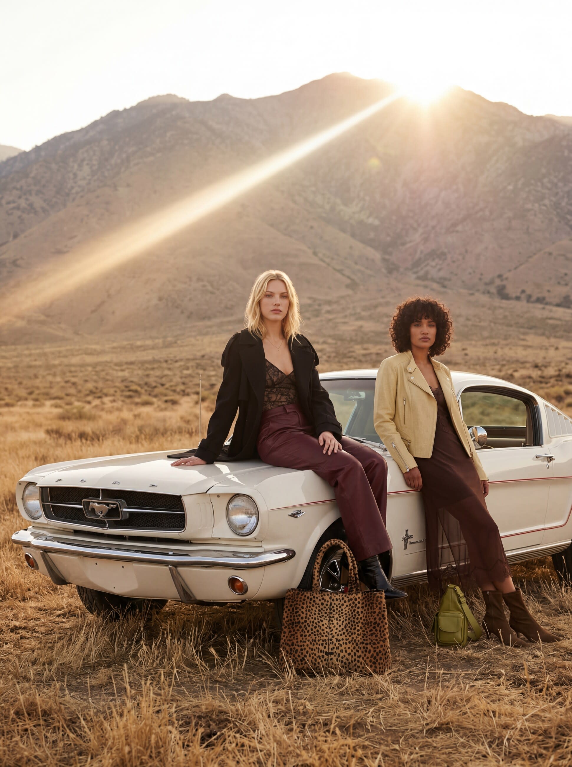 Two models in a black coat with burgundy leather trousers and a yellow jacket on a car hood