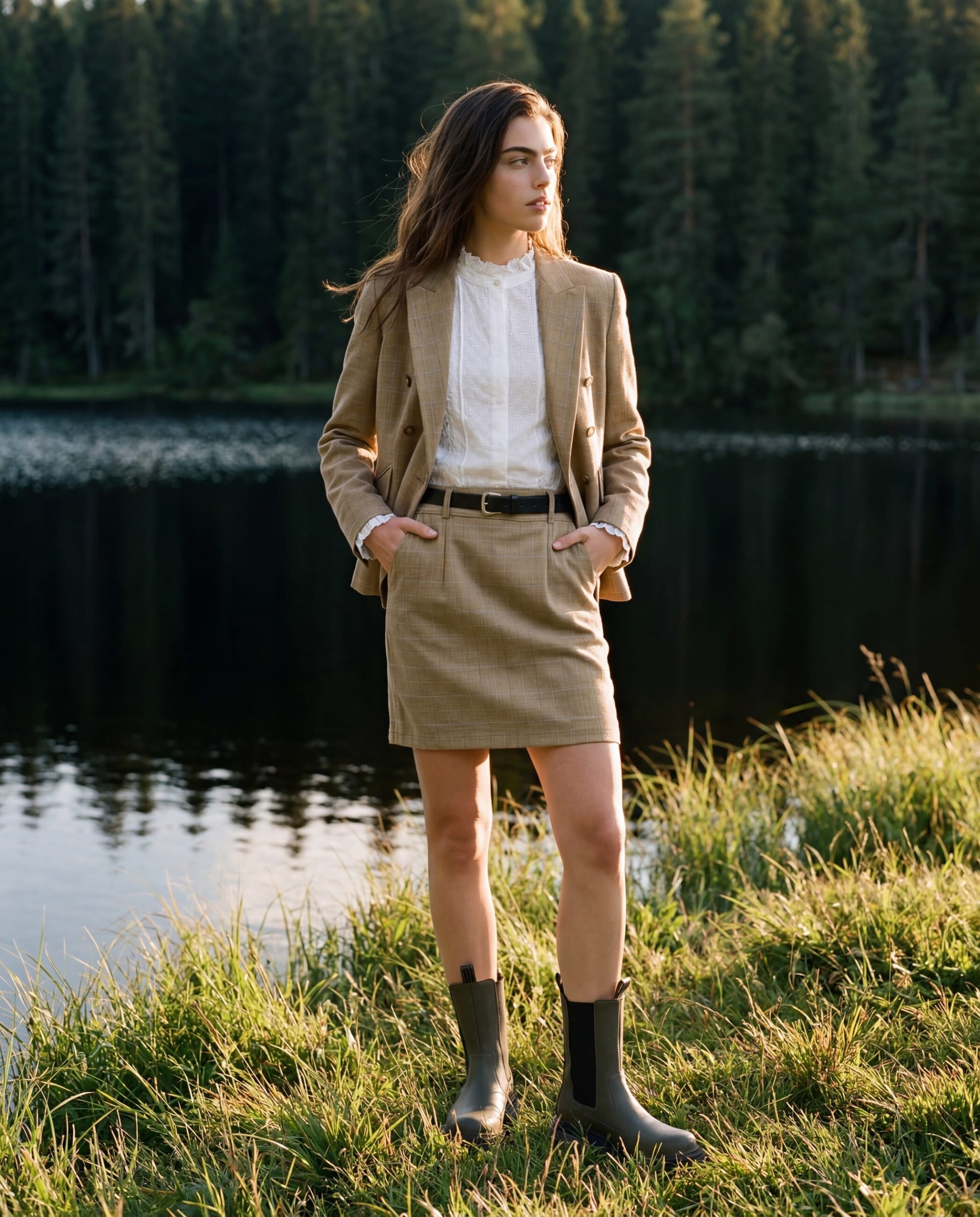Modelo de blazer camelo, camisa branca e minissaia de tweed à beira de um lago na floresta