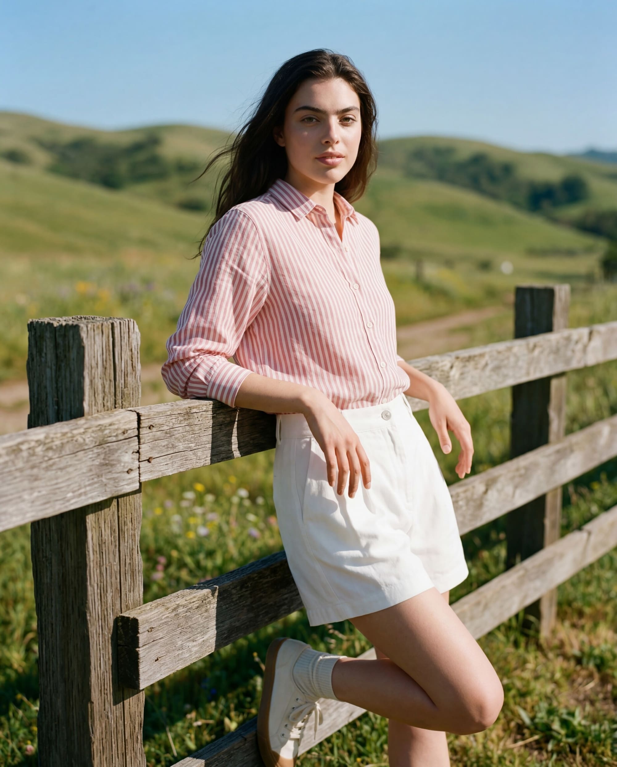 Modelo de camisa listrada rosa e short branco apoiada numa cerca de madeira entre colinas verdes