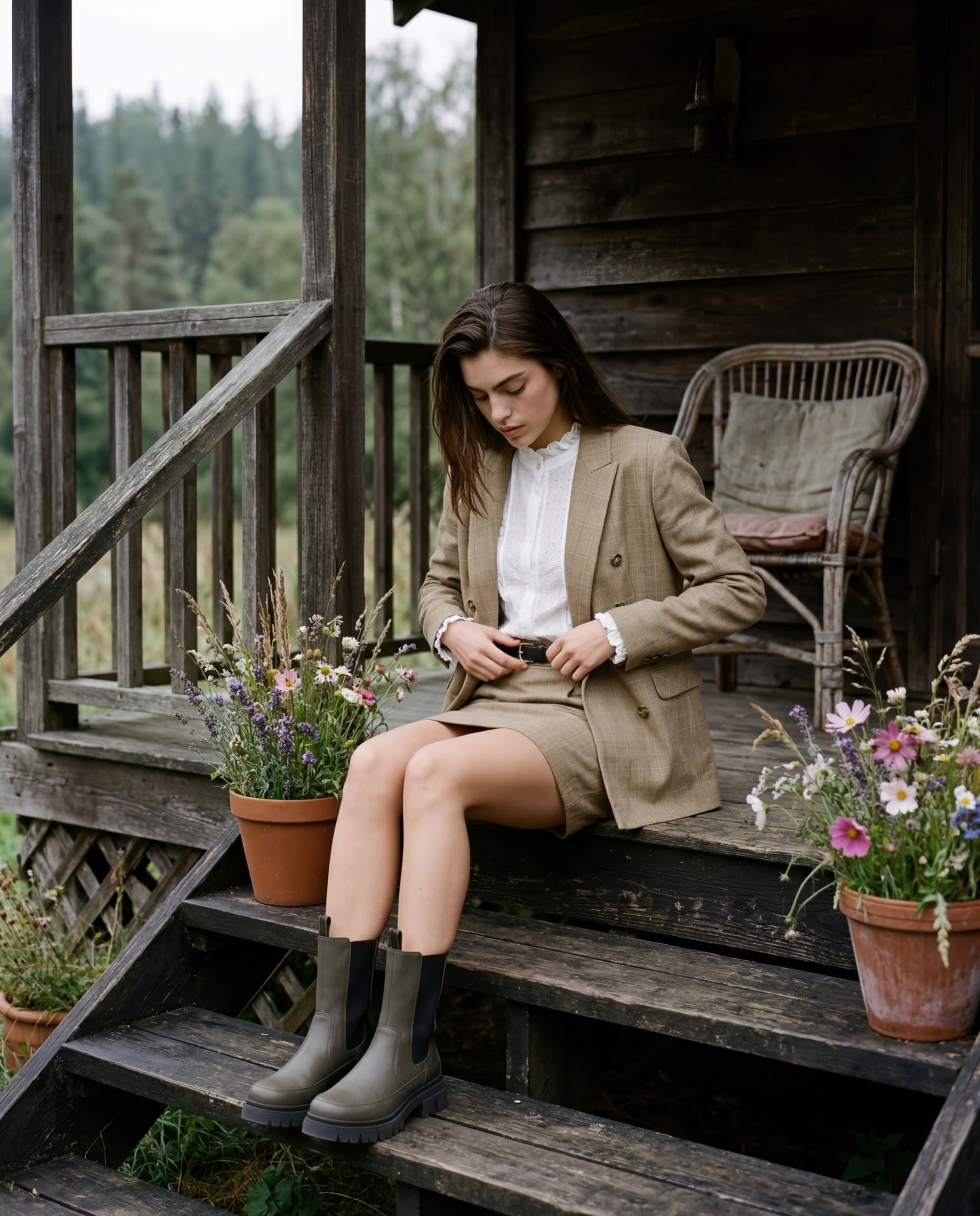 Modelo de blazer camelo, minissaia e botas verdes sentada nos degraus de uma cabana com vasos de flores