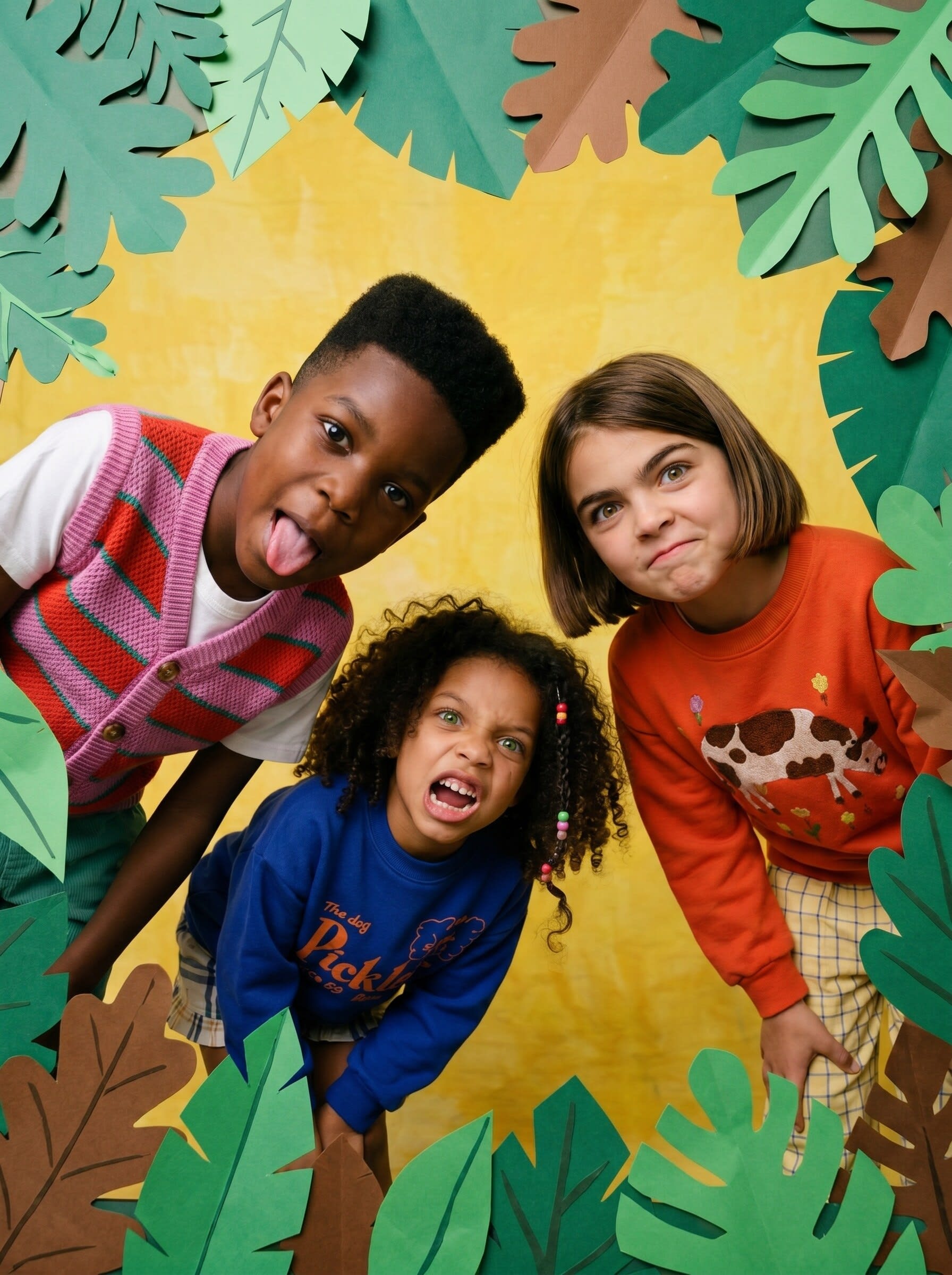 Three children in a striped knit vest, blue sweatshirt and orange jumper framed by paper leaves