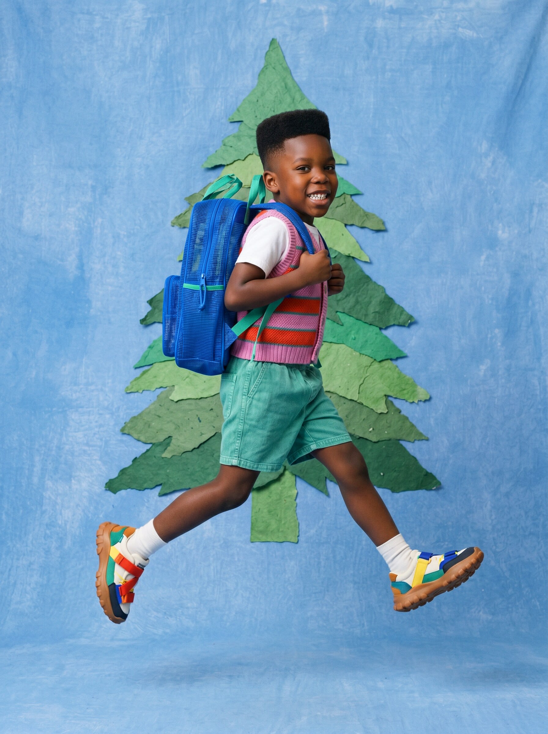 A child in a pink knit vest and green shorts with a blue backpack past a paper pine