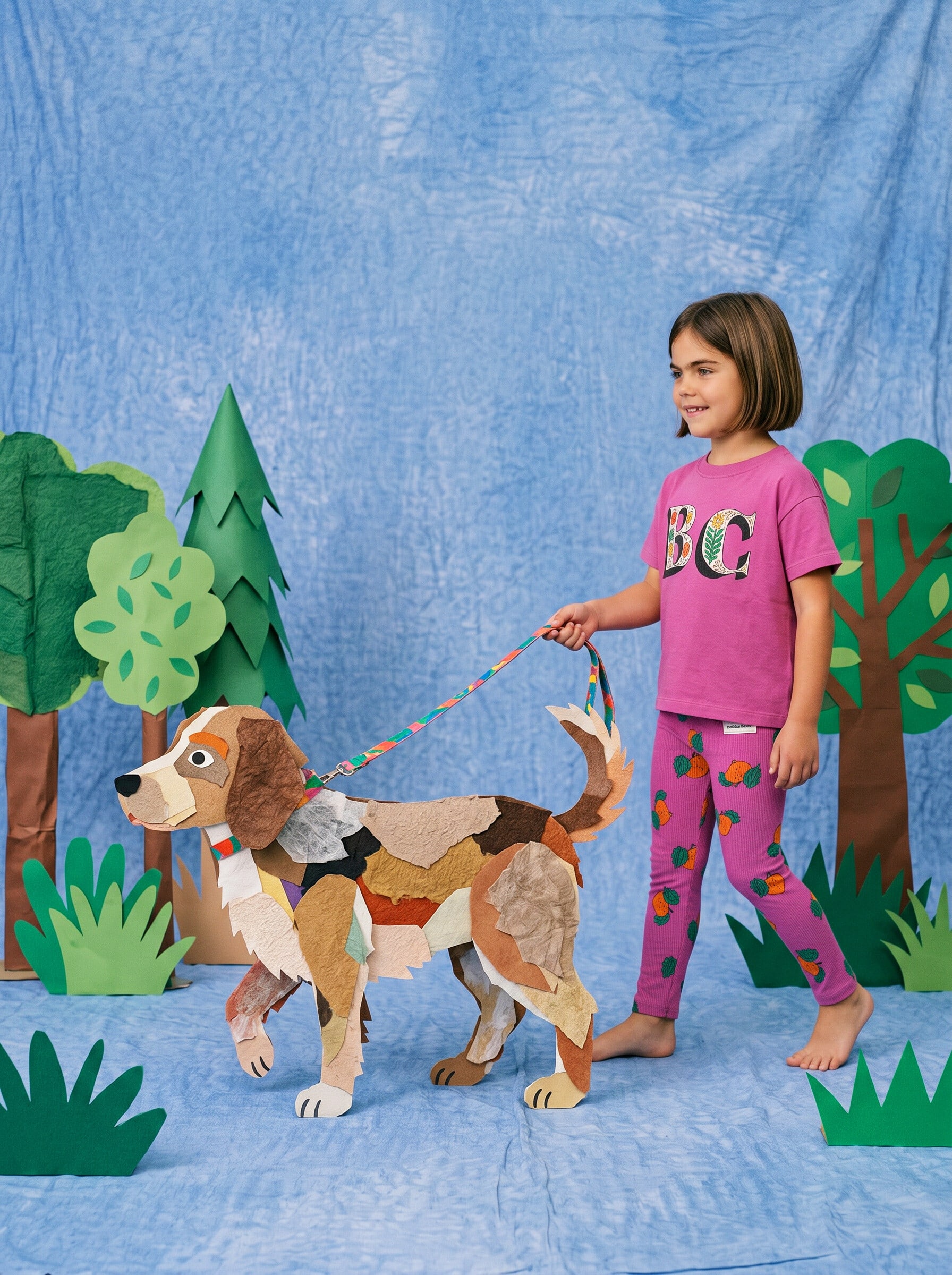 A child in a pink BC tee and patterned leggings walking a patchwork paper dog on blue