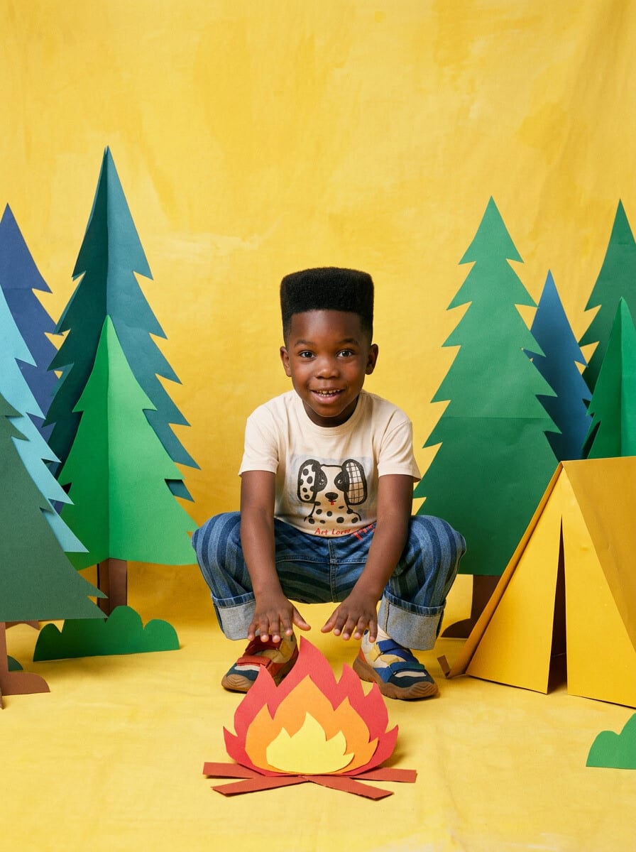 A child in a printed tee and rolled jeans crouching by a paper campfire and yellow tent