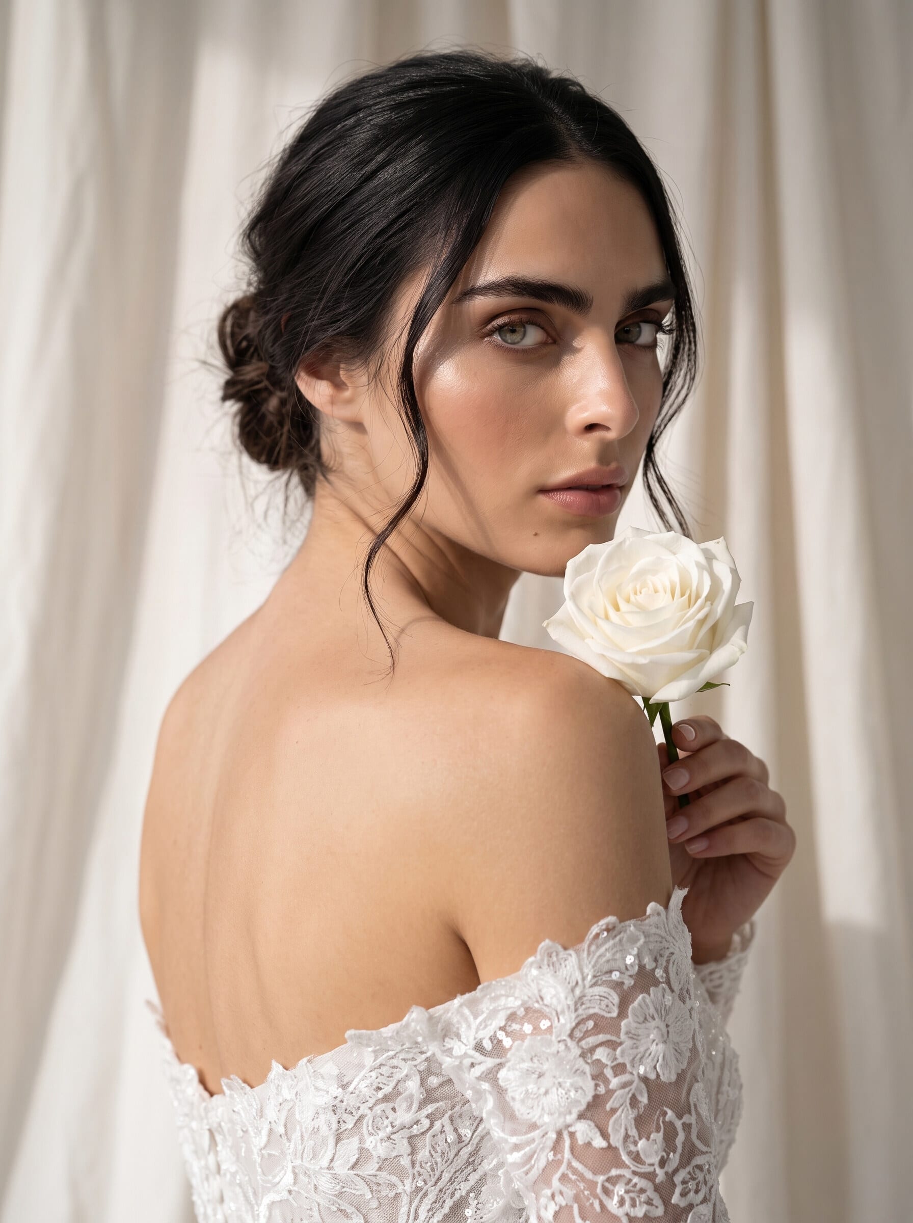Off the shoulder lace wedding gown with a white rose held at the shoulder before linen drapes
