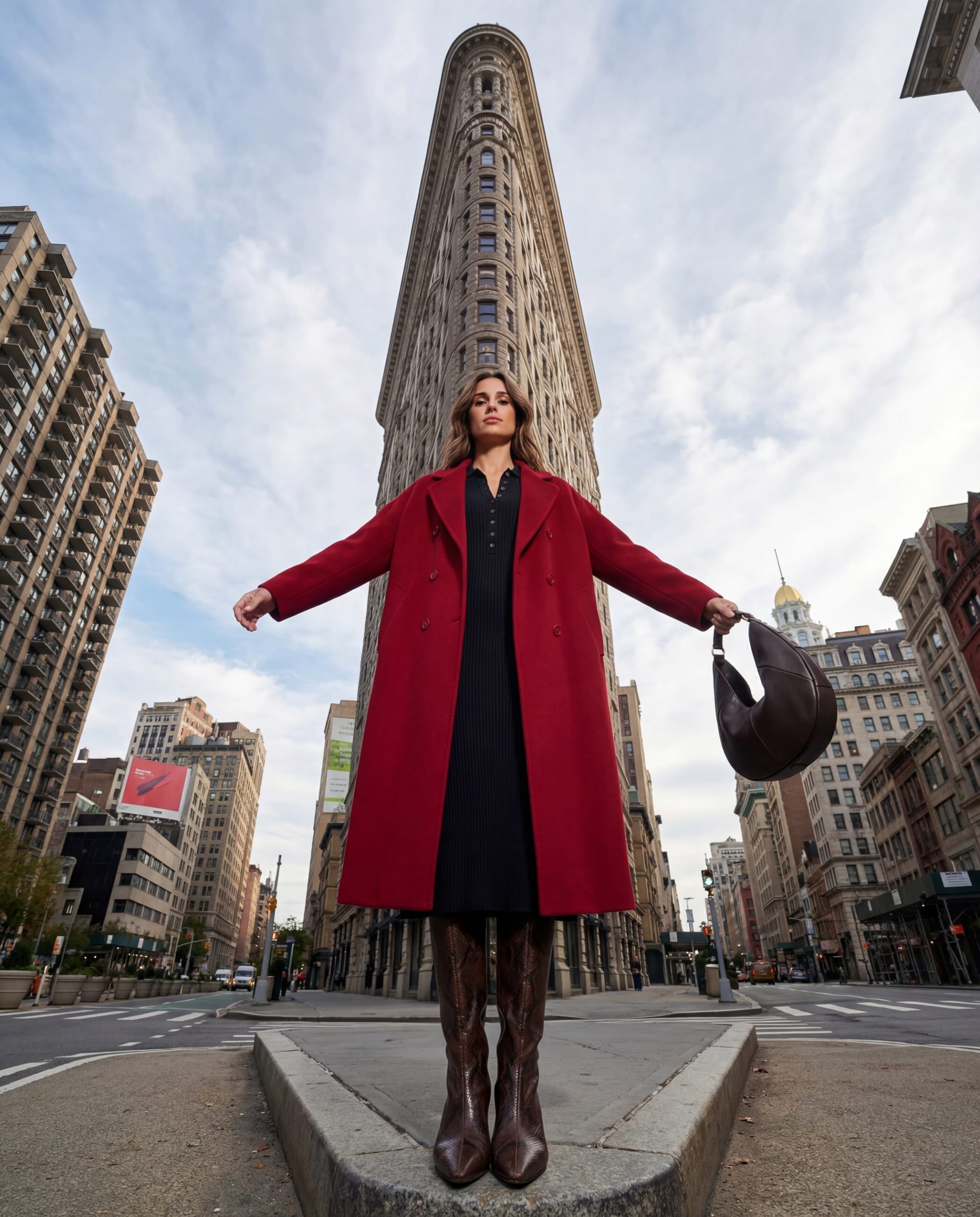 A model in a red coat with arms spread on a traffic island before the Flatiron Building