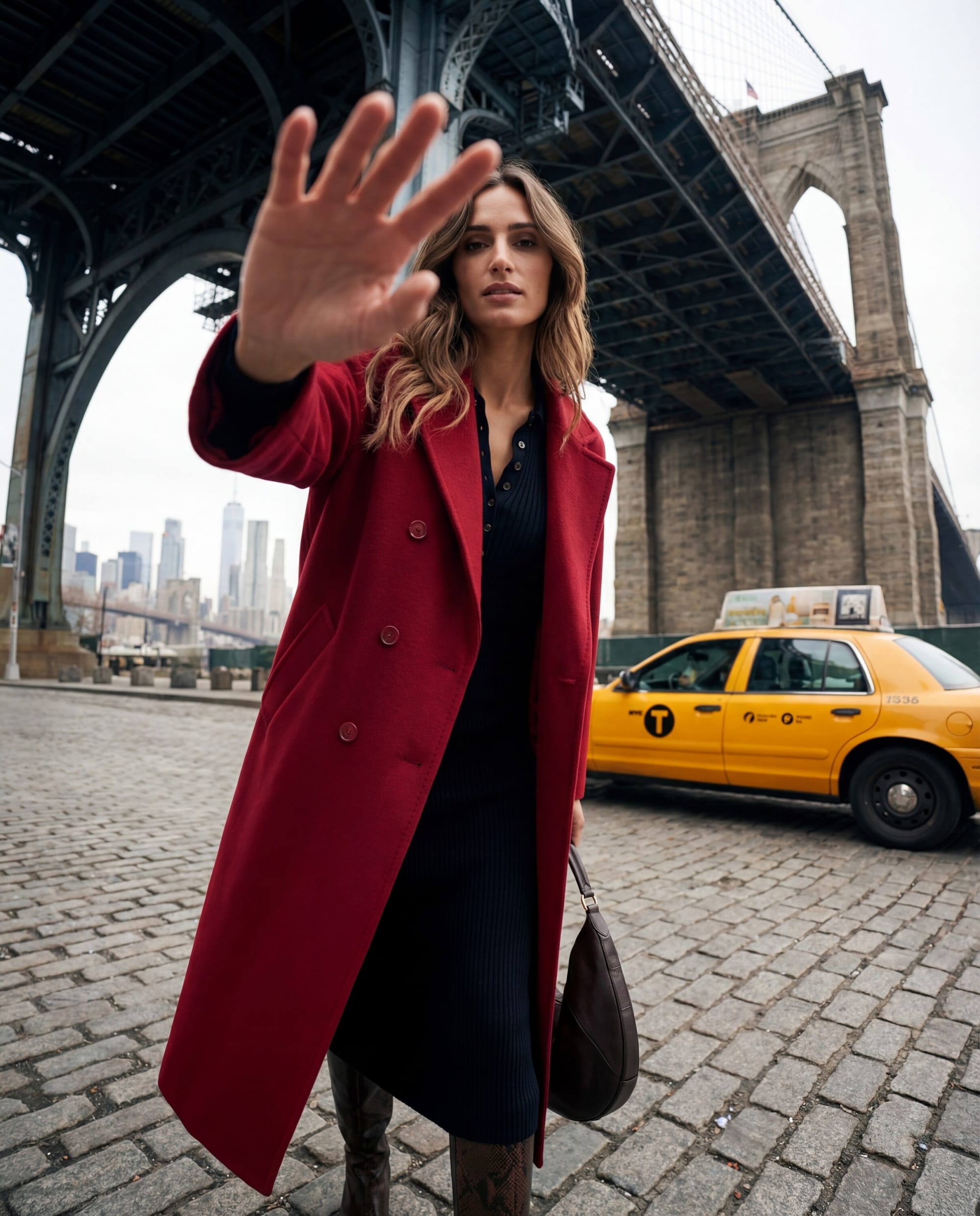 A model in a red coat raising a hand to the lens under Manhattan Bridge in Dumbo