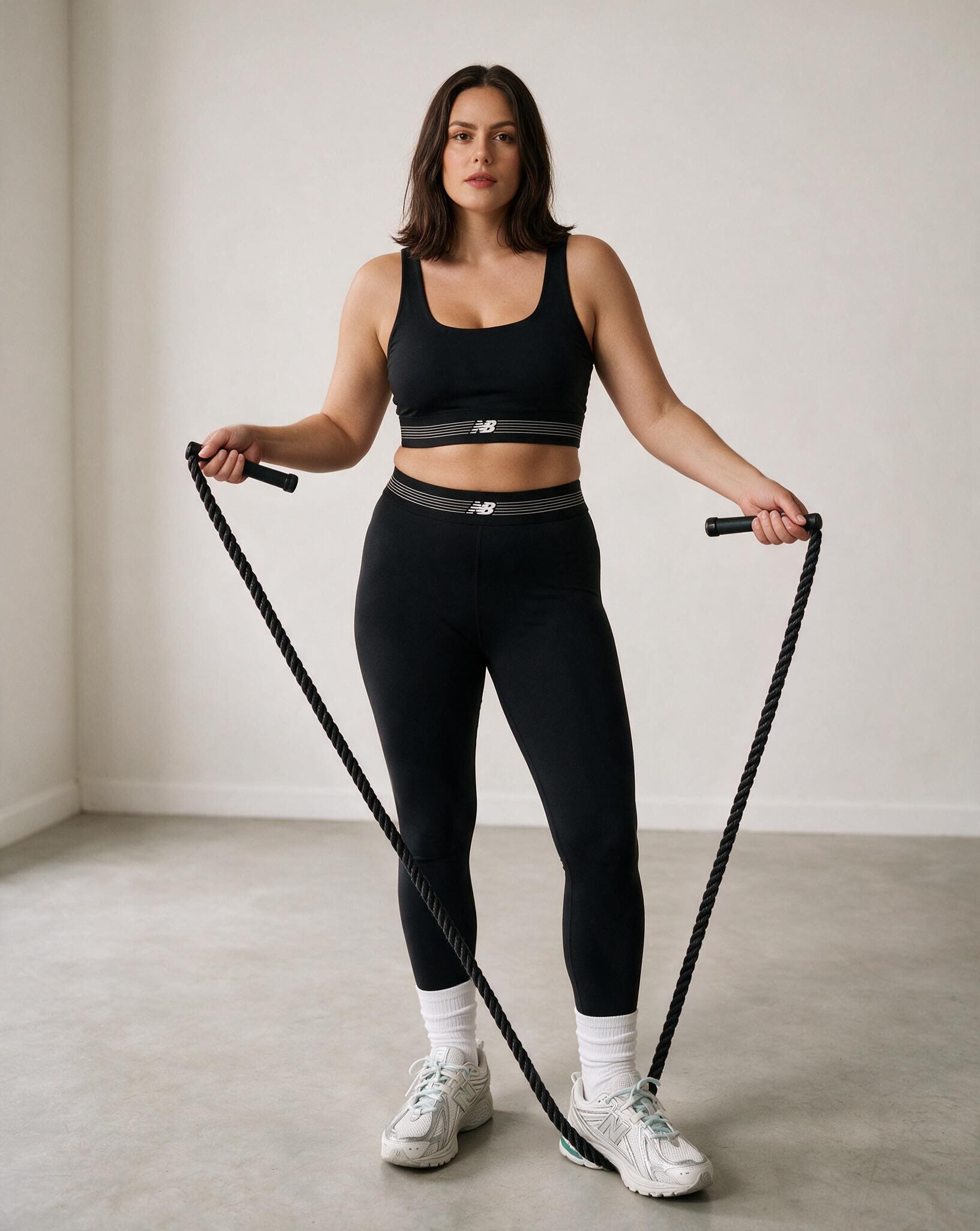 A model in a black New Balance sports bra and leggings swinging a skipping rope