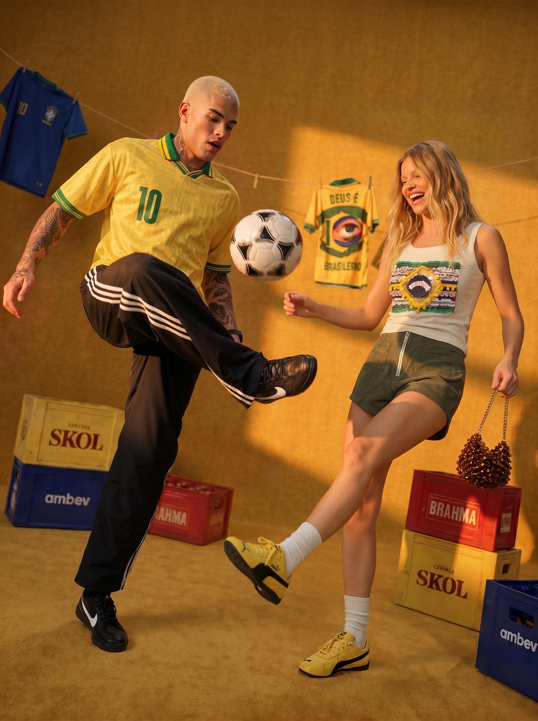 Two models in a Brazil jersey and a flag tank top juggling a football among beer crates