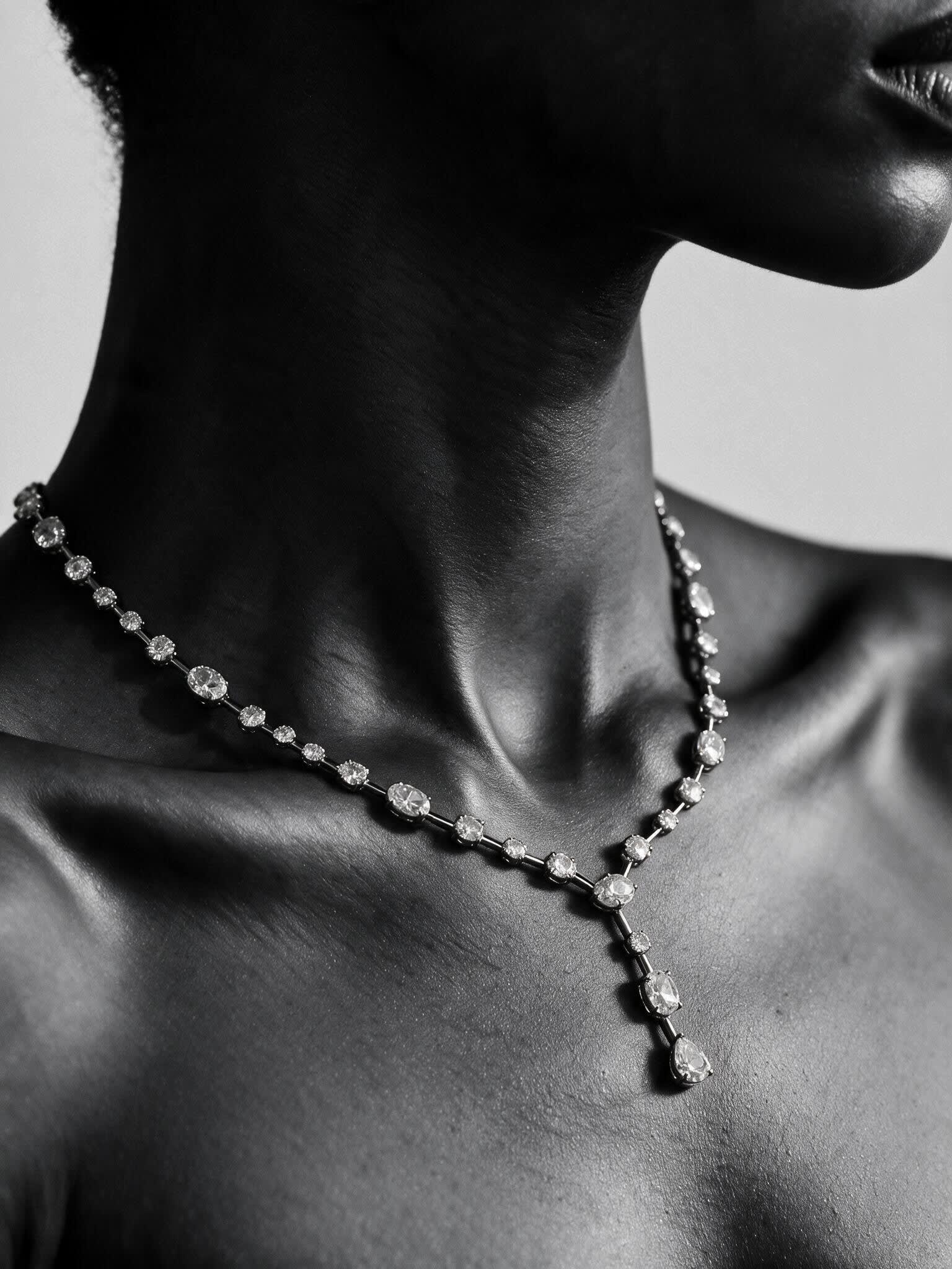 Black and white study of a graduated diamond riviere necklace with a long drop