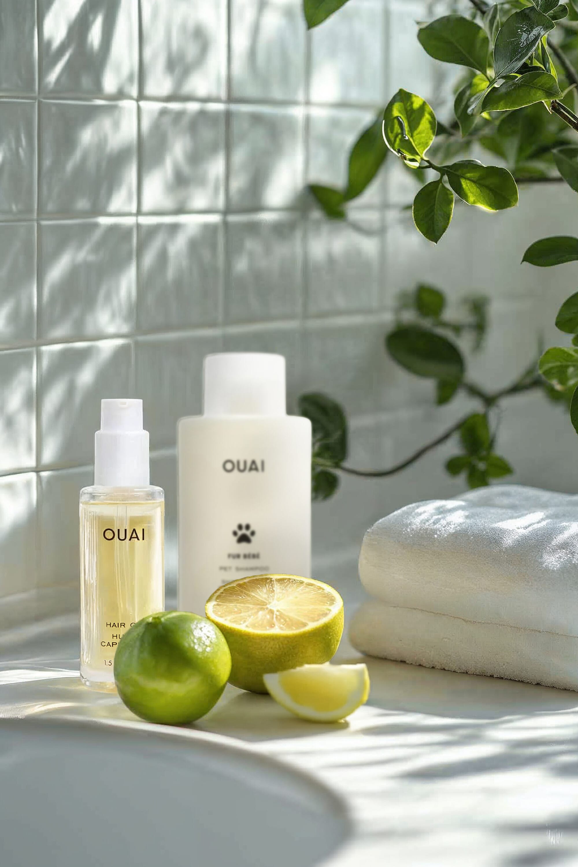 OUAI bottles with halved limes and a white towel on a white tiled sink