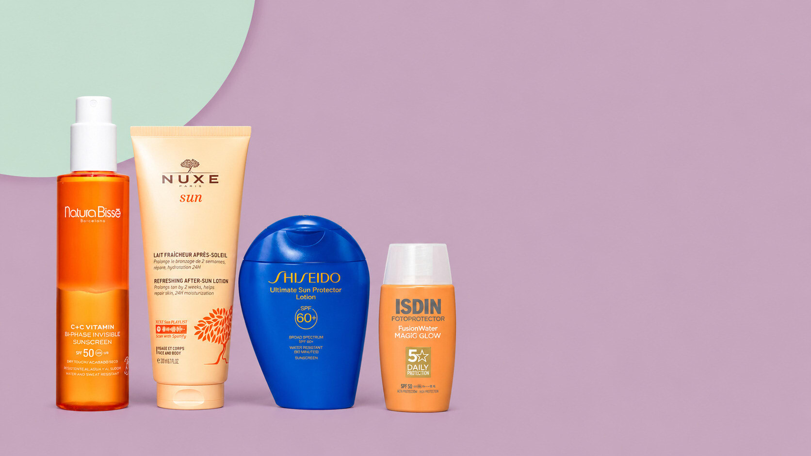 Nuxe, Shiseido and ISDIN sunscreens with a body lotion on a mauve and mint set
