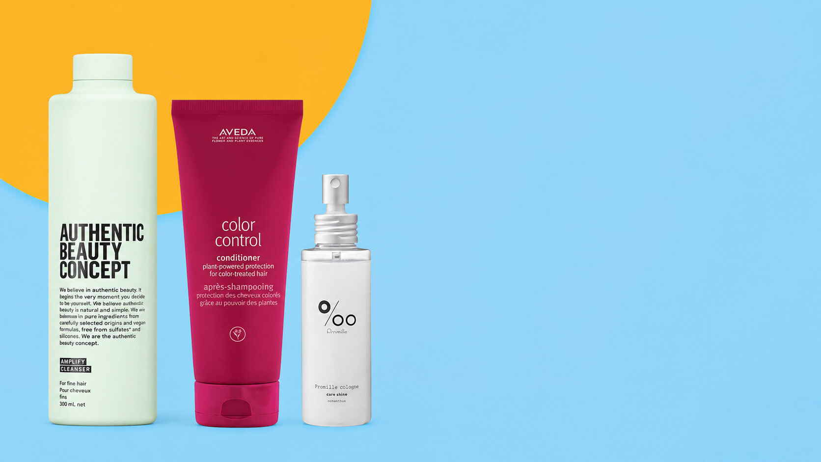 Authentic Beauty Concept and Aveda haircare bottles with a spray on yellow and sky blue