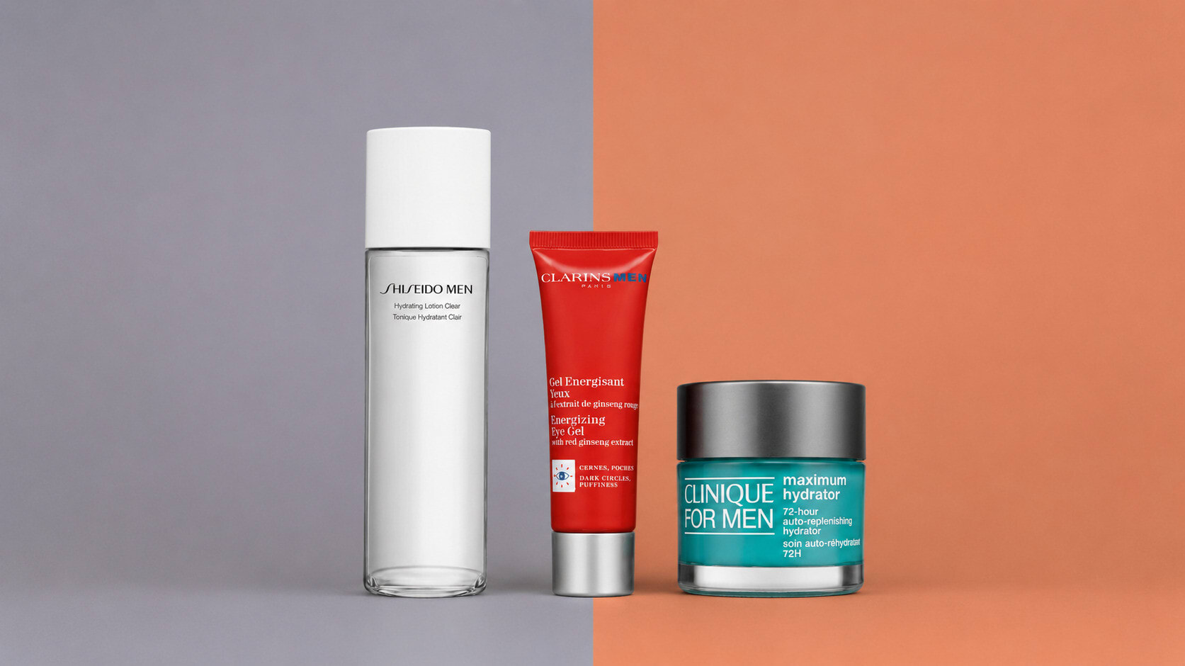 Men's skincare bottle, red tube and Clinique For Men jar on grey and terracotta