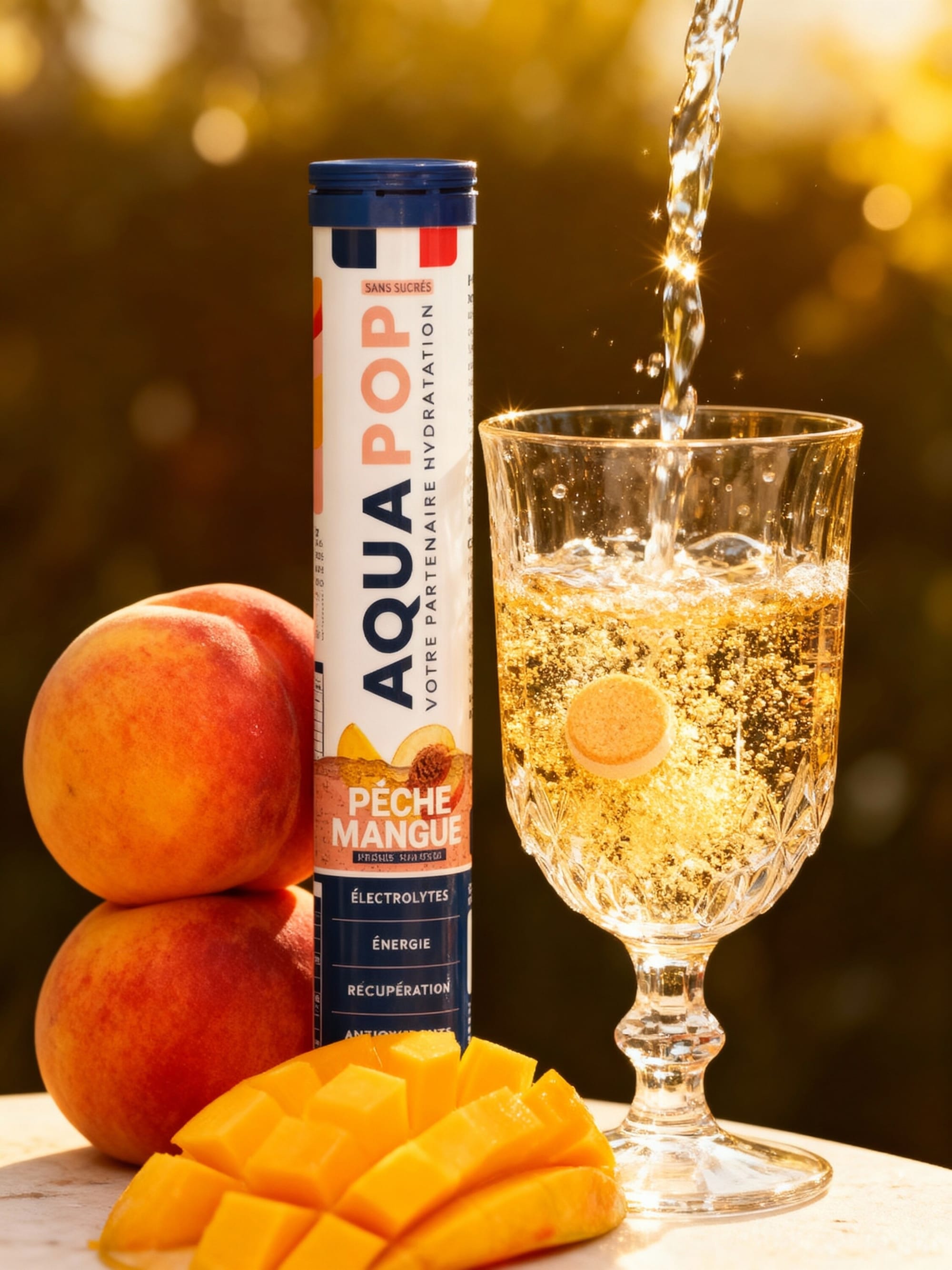 Aquapop peach mango tube with peaches, cubed mango and a sparkling glass being poured