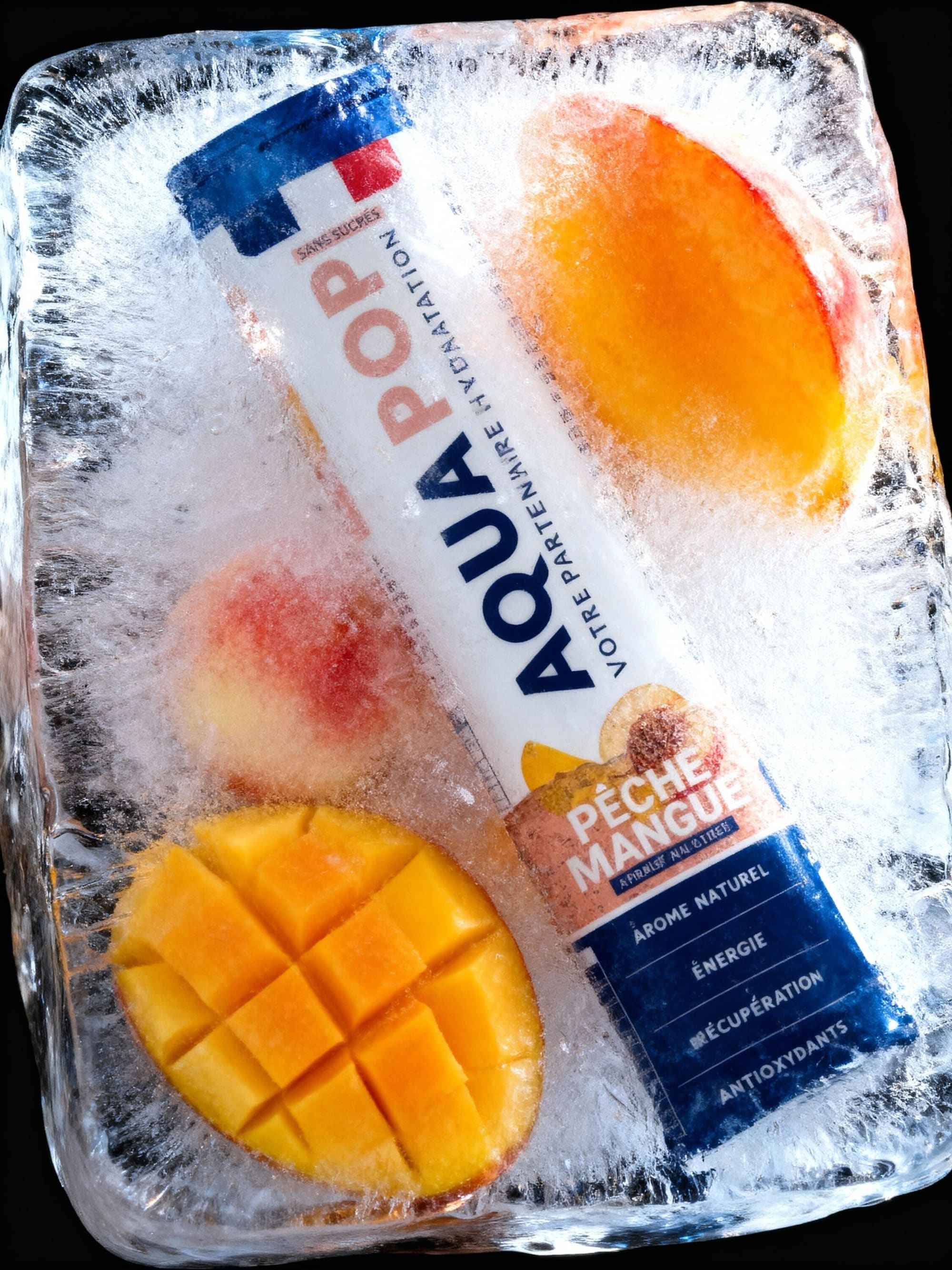 Aquapop peach mango tube frozen in a block of ice with peach and mango