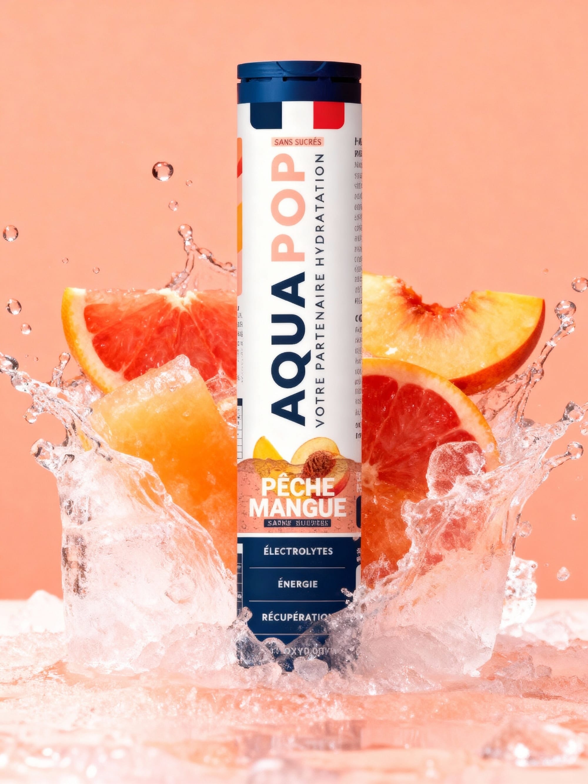 Aquapop peach mango tube in a splash of ice with grapefruit and peach slices on coral