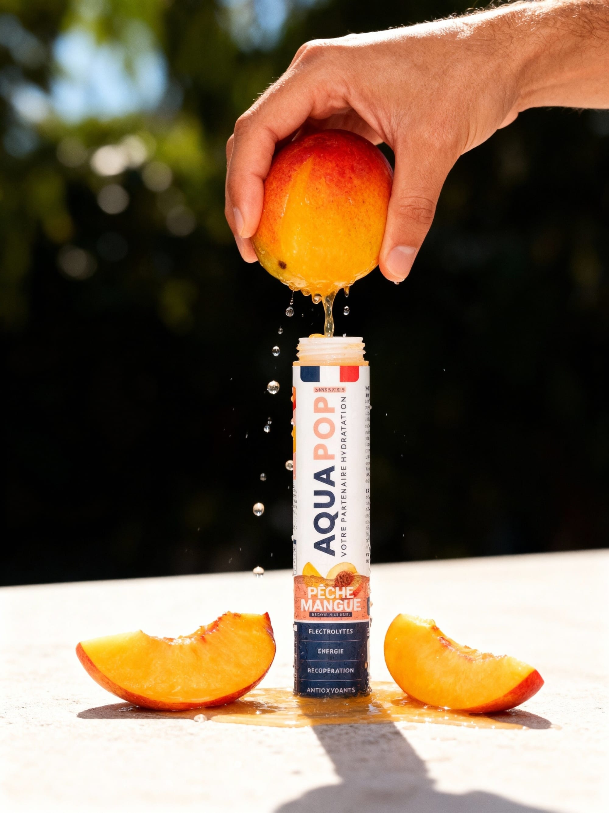 Hand squeezing a peach over an Aquapop peach mango tube with peach slices outdoors