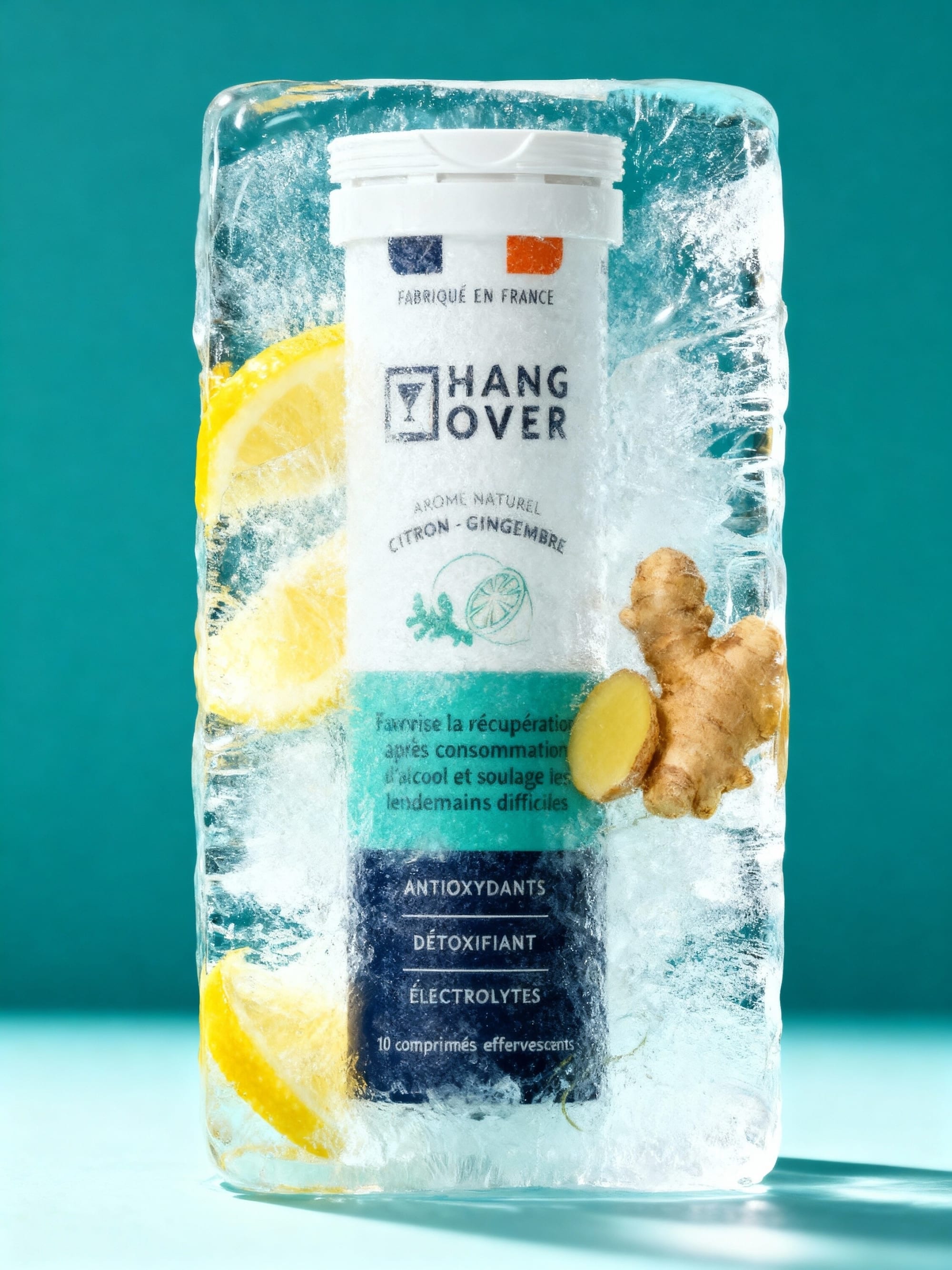 Hangover tube inside a block of ice with lemon and ginger on a teal backdrop