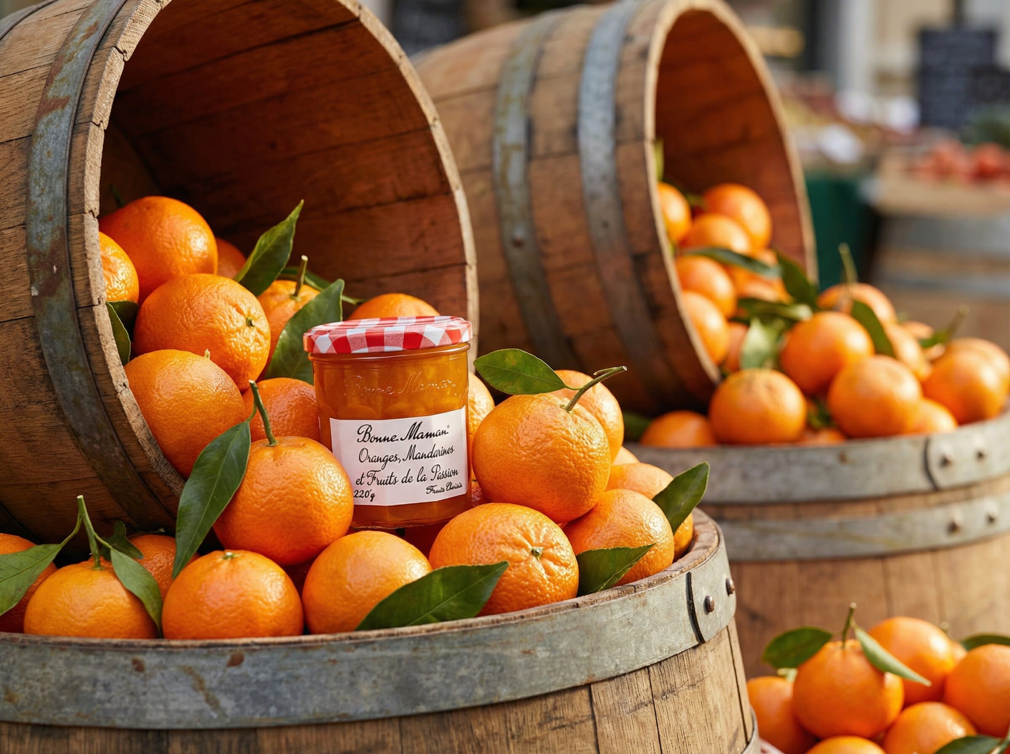 Bonne Maman orange marmalade jar nestled among fresh oranges in tipped wooden barrels