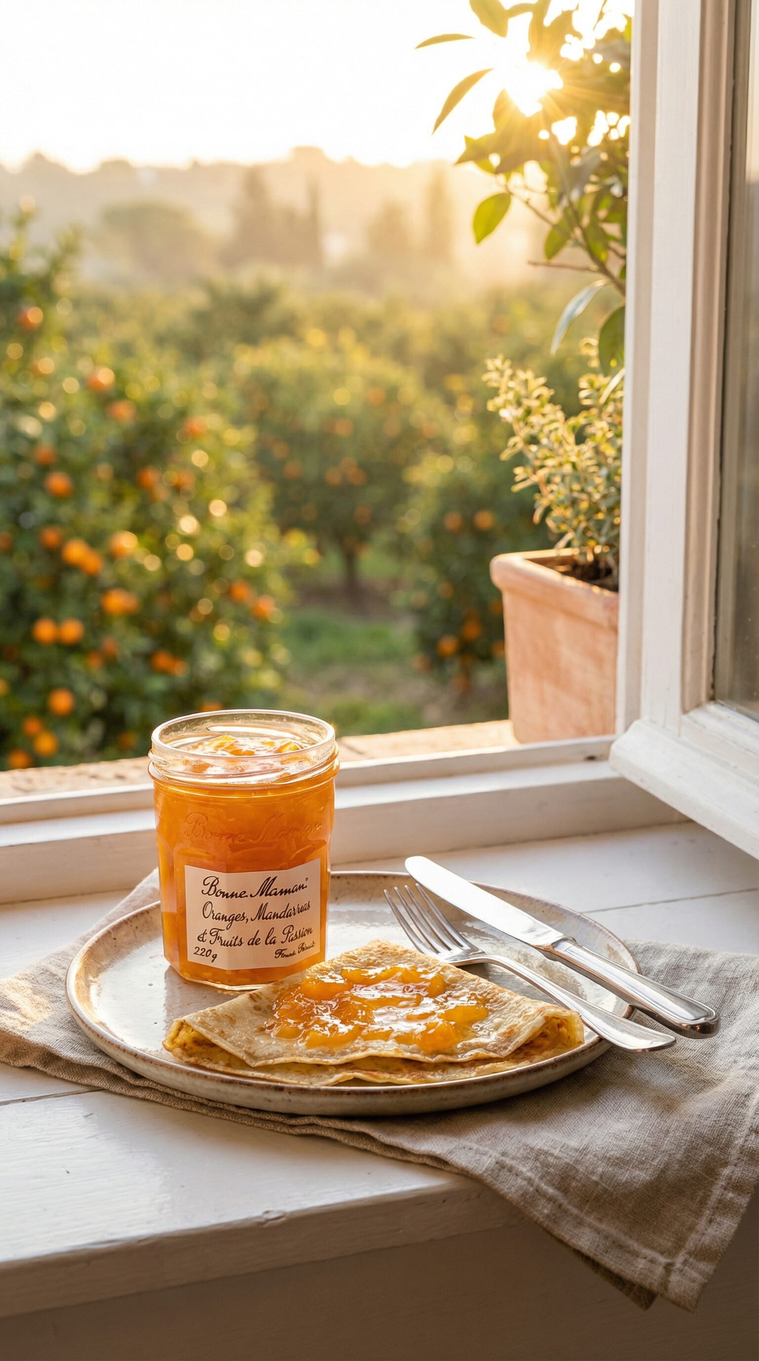 Bonne Maman marmalade jar and a crêpe on a windowsill overlooking orange groves