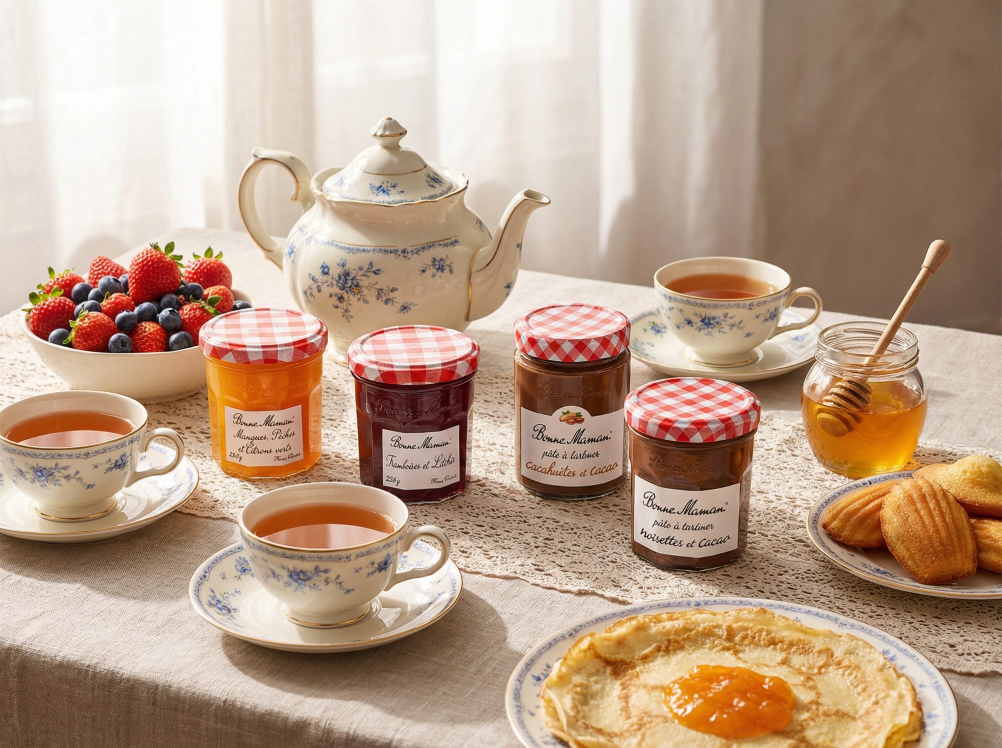 Bonne Maman jam jars with gingham lids beside a floral teapot, berries and a crêpe