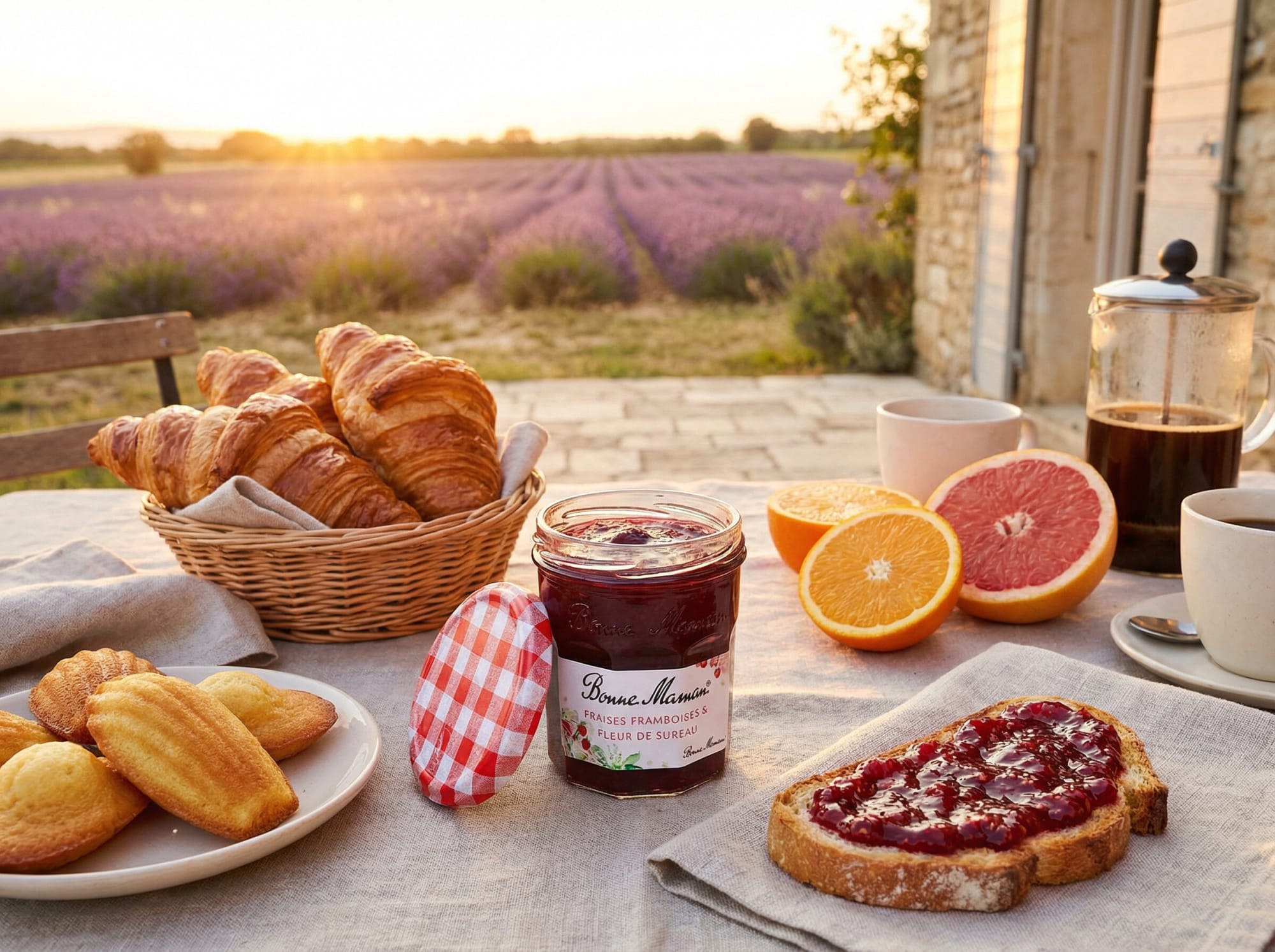 Bonne Maman jam with croissants, madeleines and toast on a terrace facing lavender fields