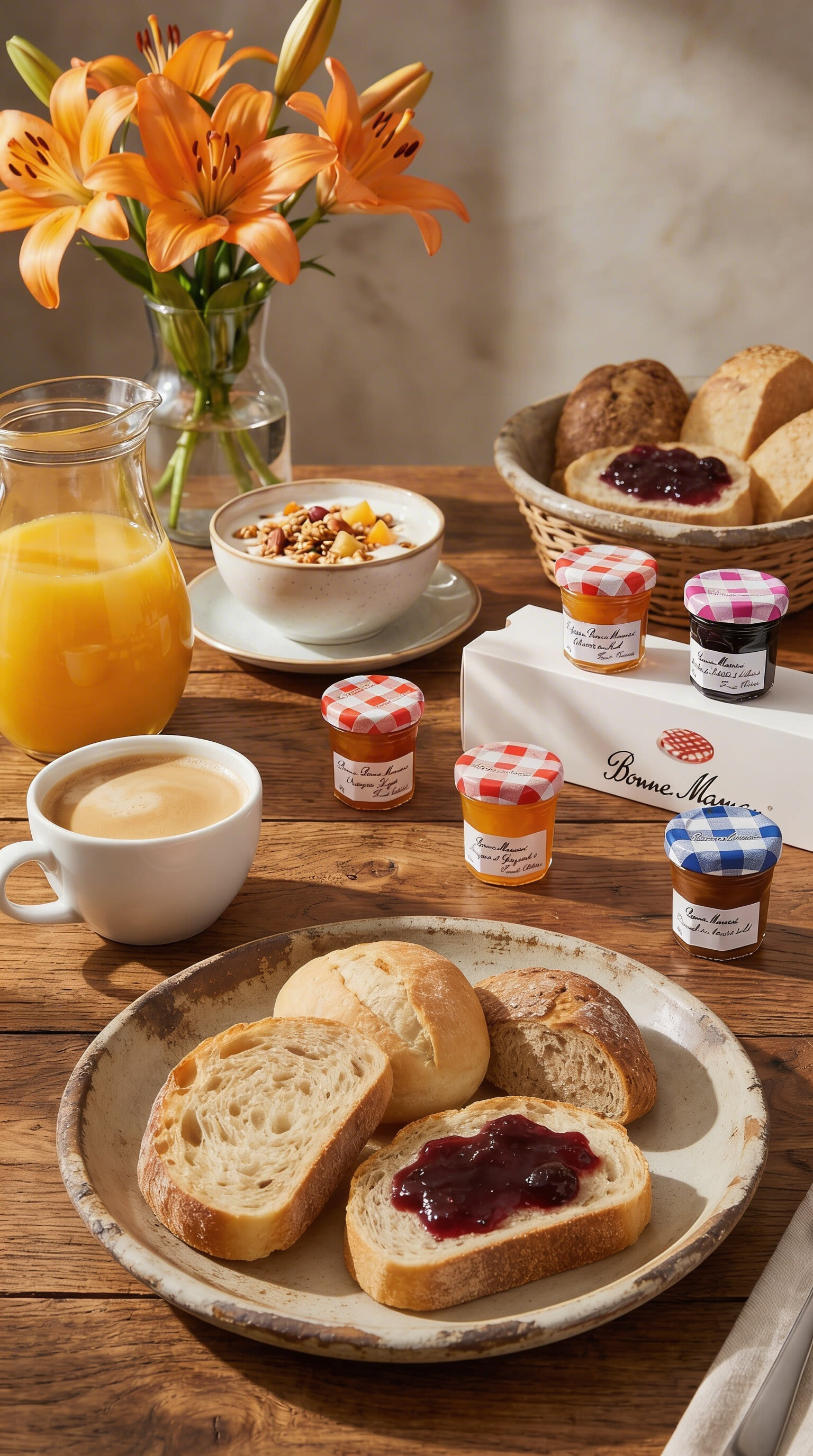 Mini Bonne Maman jars around bread, orange juice and coffee on a rustic breakfast table