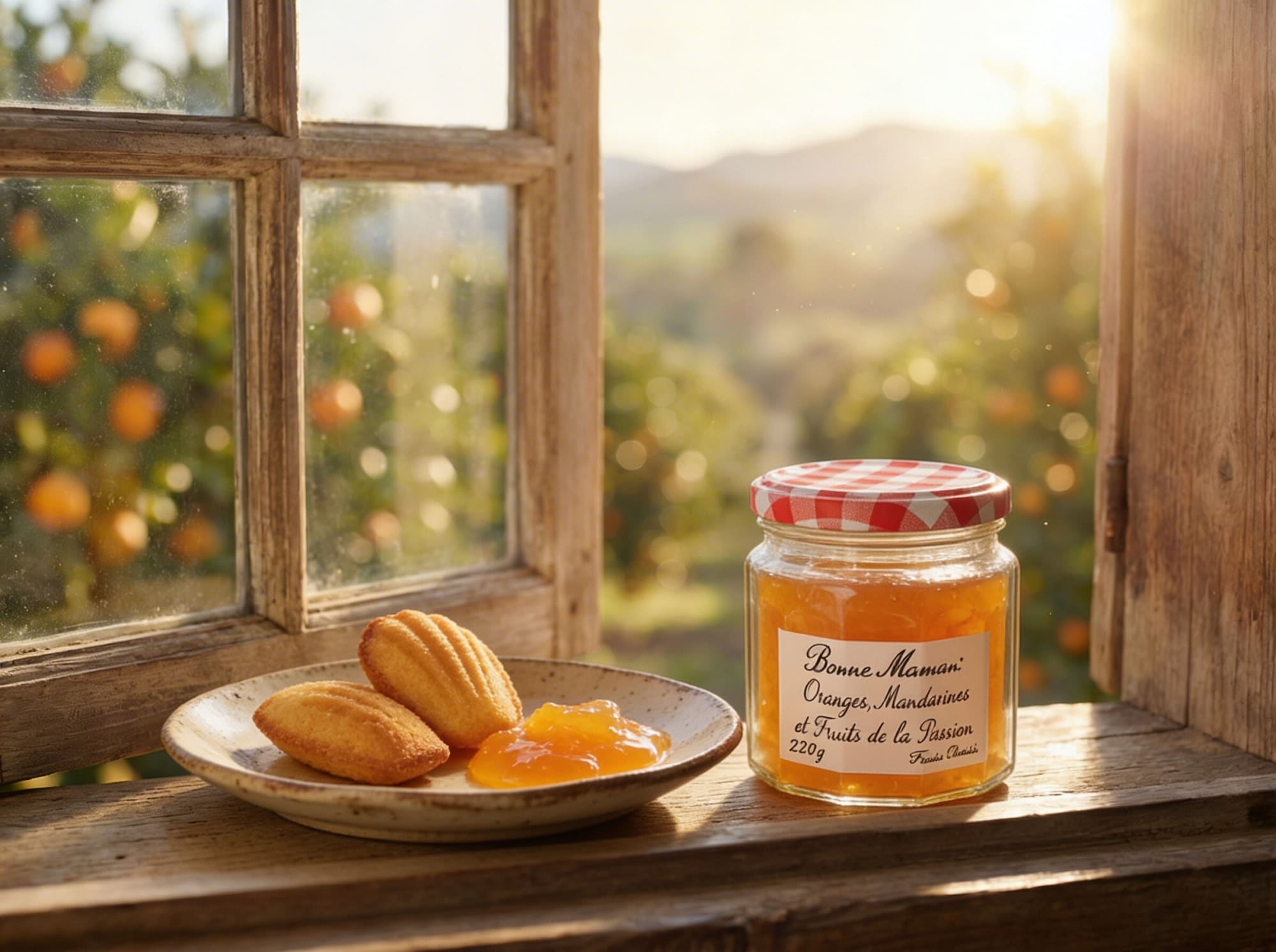 Bonne Maman orange marmalade with madeleines on a wooden sill in golden window light