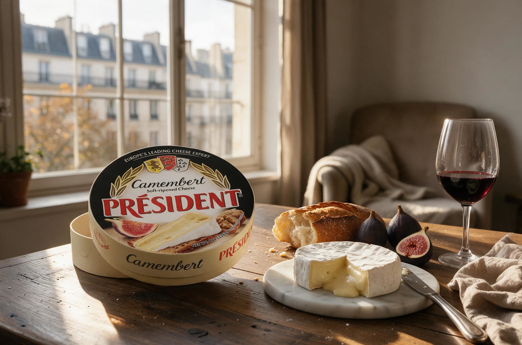 Président Camembert box beside a camembert with a wedge cut, figs, bread and red wine by a Paris window