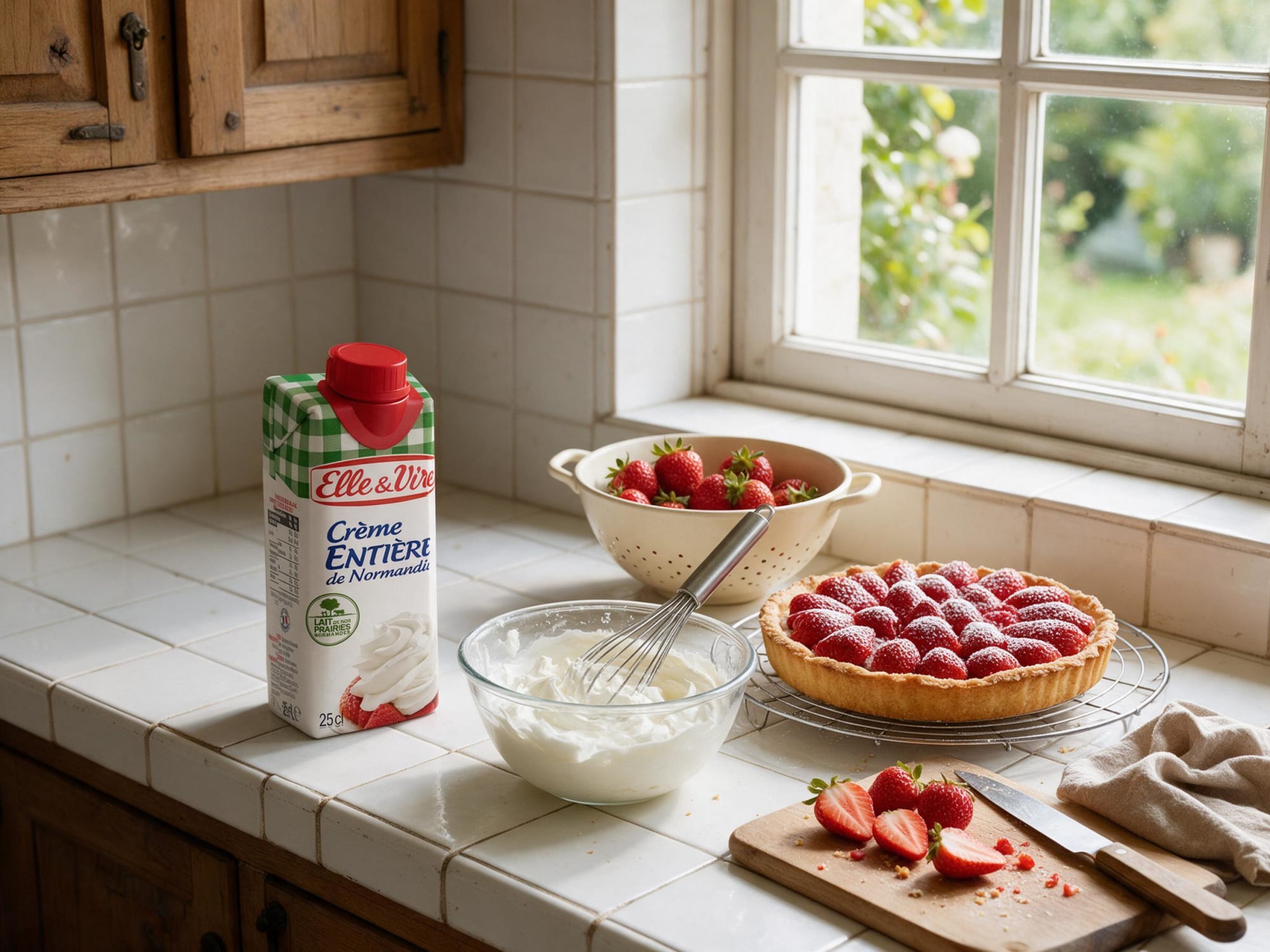 Elle & Vire whole cream carton beside whipped cream, strawberries and a strawberry tart on white tiles